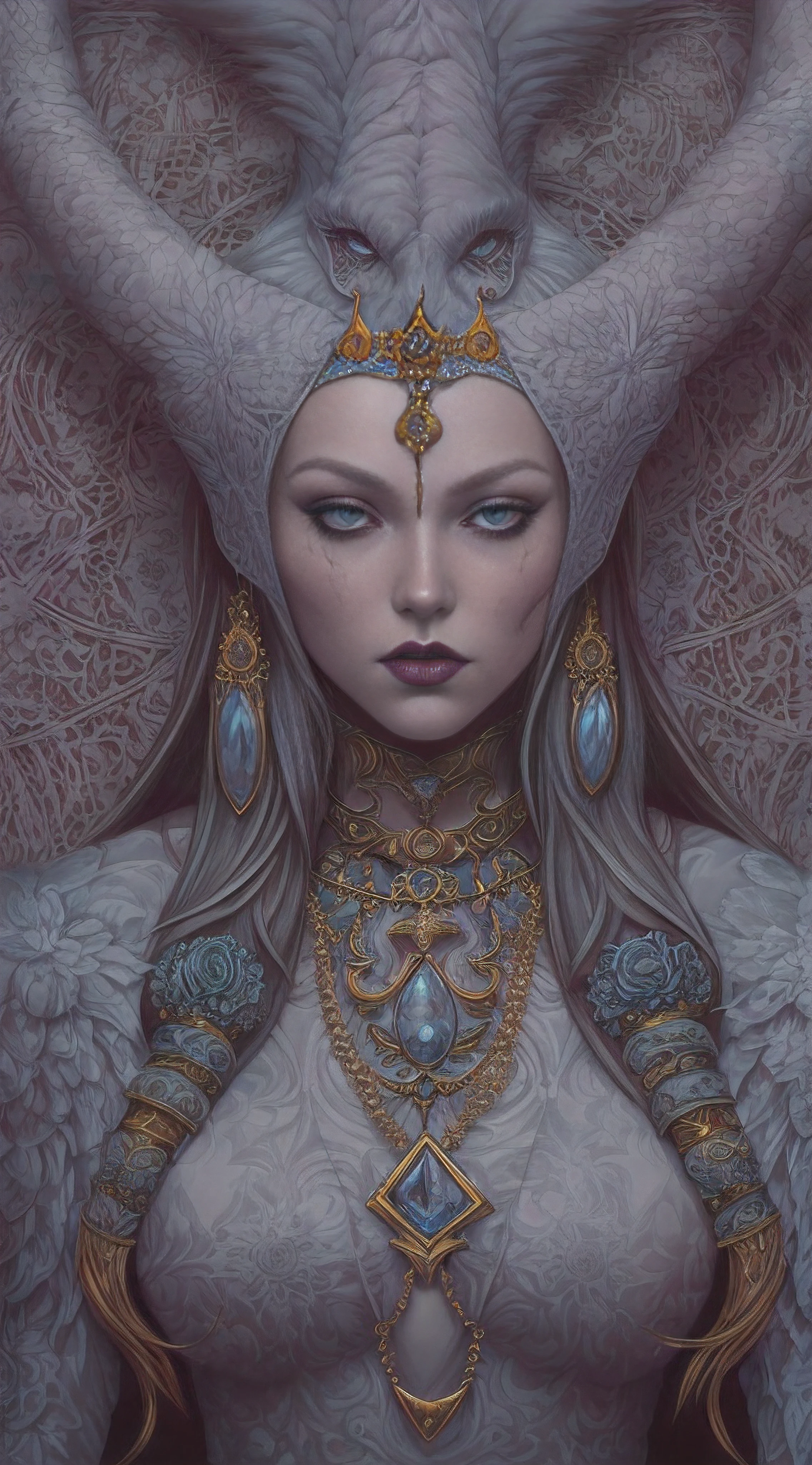 Satanic priestess Concept art portrait by Casey Weldon, Olga Kvasha, Miho Hirano, hyperdetailed intricately detailed gothic art trending on Artstation triadic colors, textured skin, cold skin pores, Unreal Engine 5 detailed matte painting, deep color, fantastical, intricate detail, splash screen, complementary colors, fantasy concept art, 8k resolution, gothic deviantart masterpiec