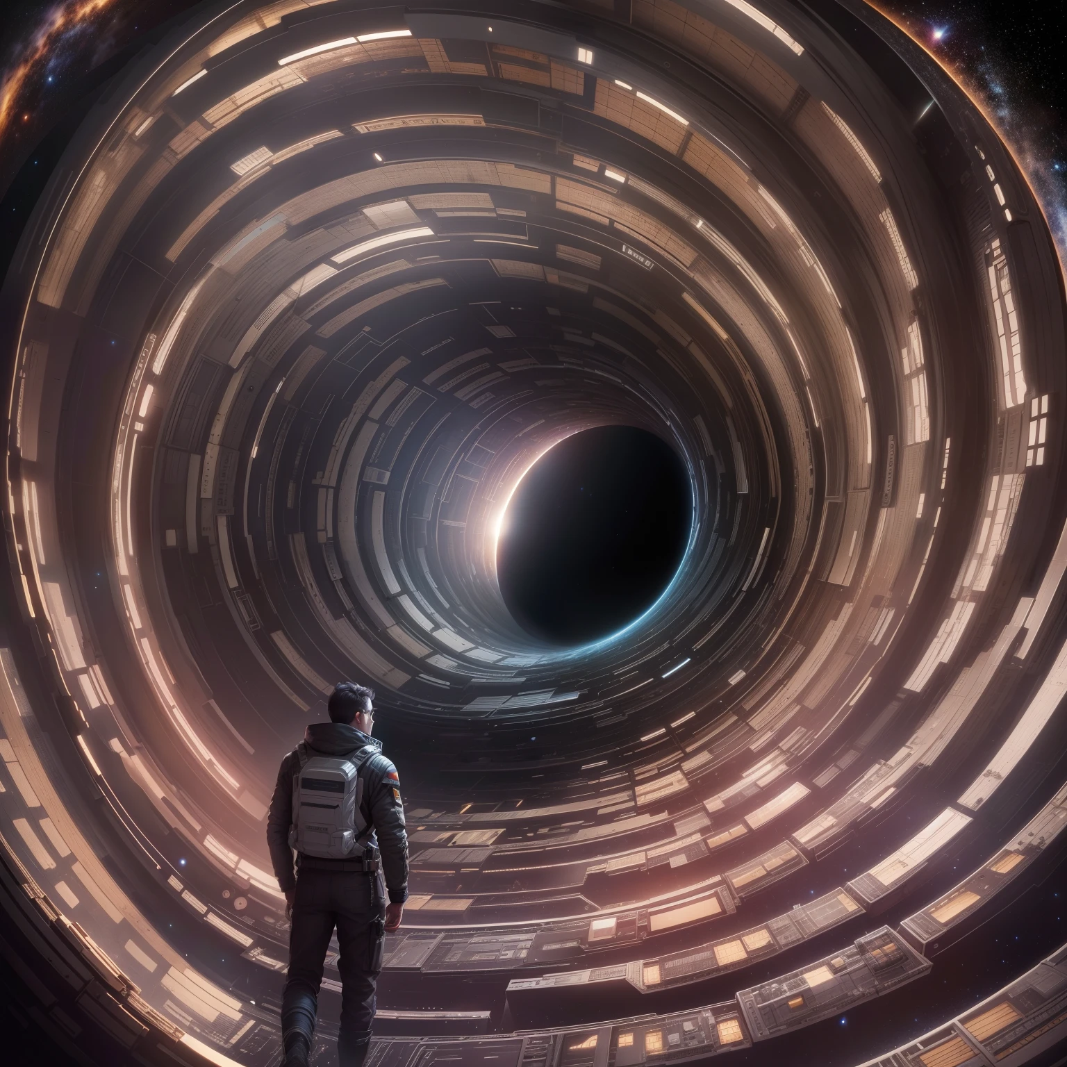 The spaceship travels through a wormhole
