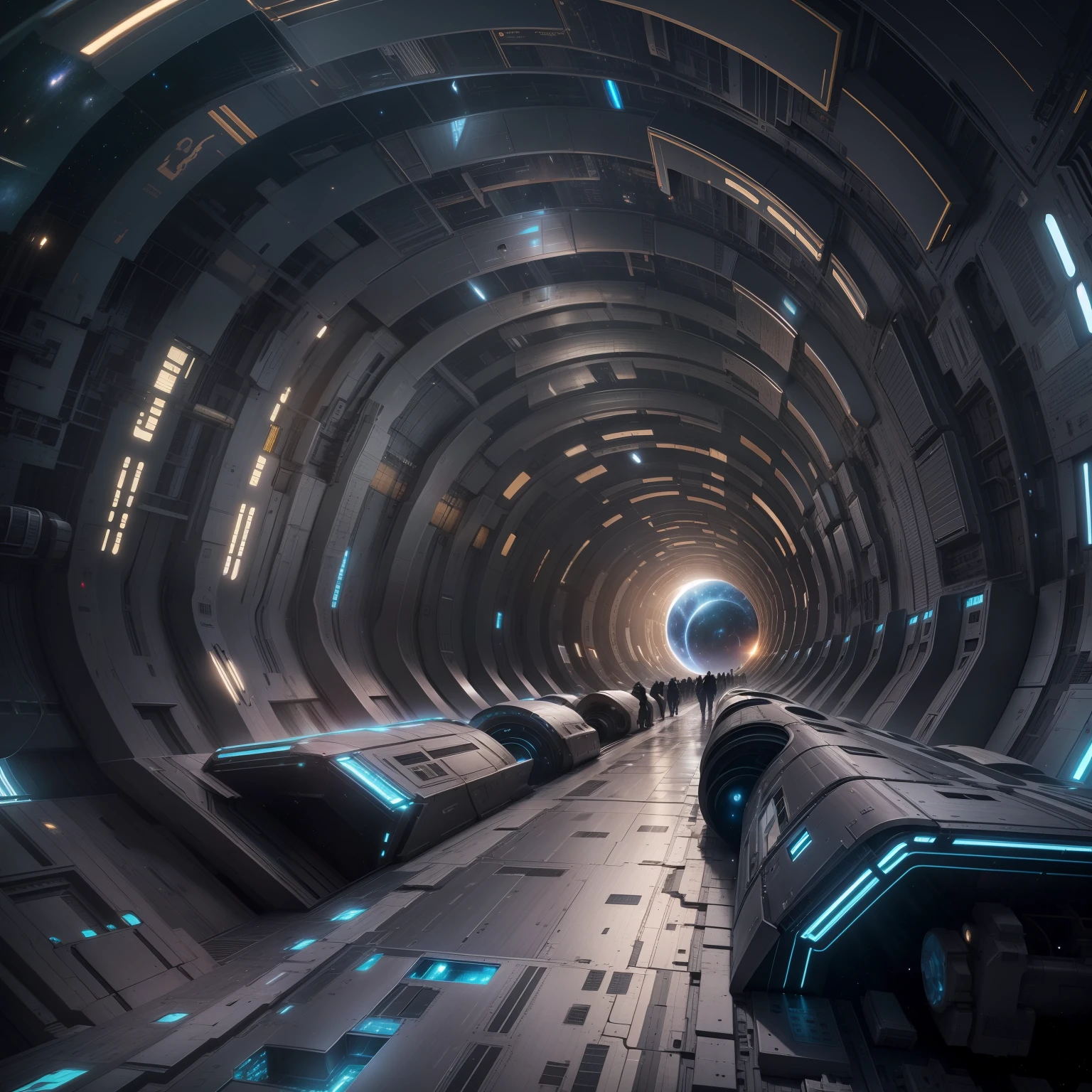 The spaceship travels through a wormhole