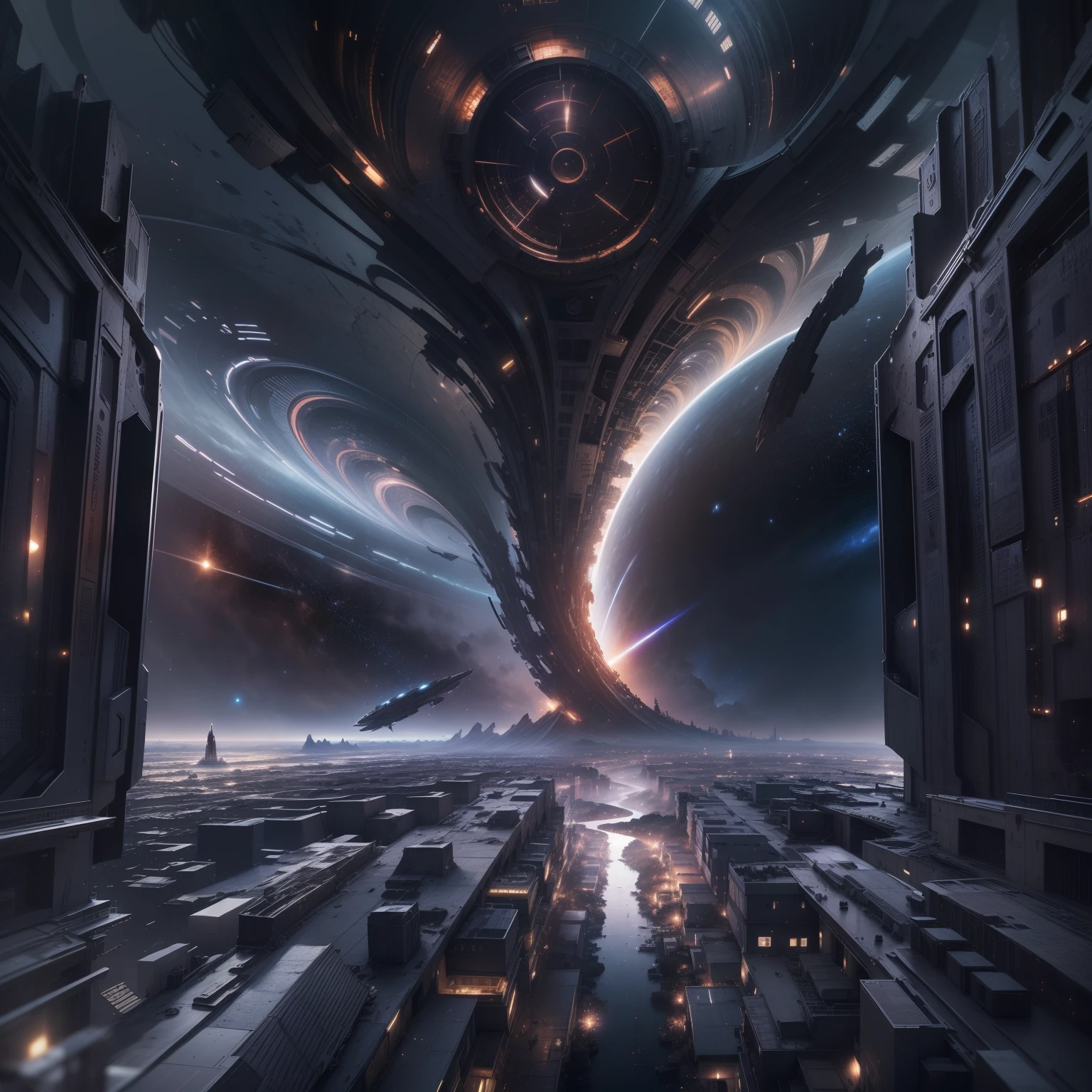 The spaceship travels through a wormhole