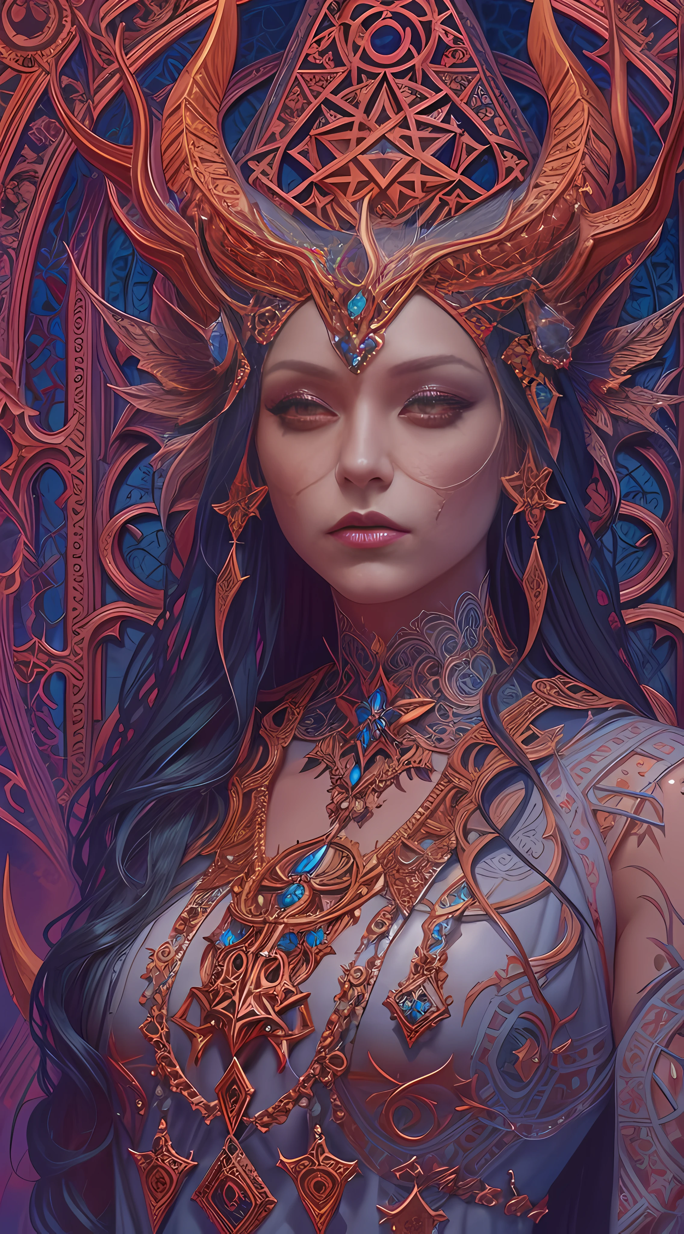 Satanic priestess Concept art portrait by Casey Weldon, Olga Kvasha, Miho Hirano, hyperdetailed intricately detailed gothic art trending on Artstation triadic colors, textured skin, cold skin pores, Unreal Engine 5 detailed matte painting, deep color, fantastical, intricate detail, splash screen, complementary colors, fantasy concept art, 8k resolution, gothic deviantart masterpiec