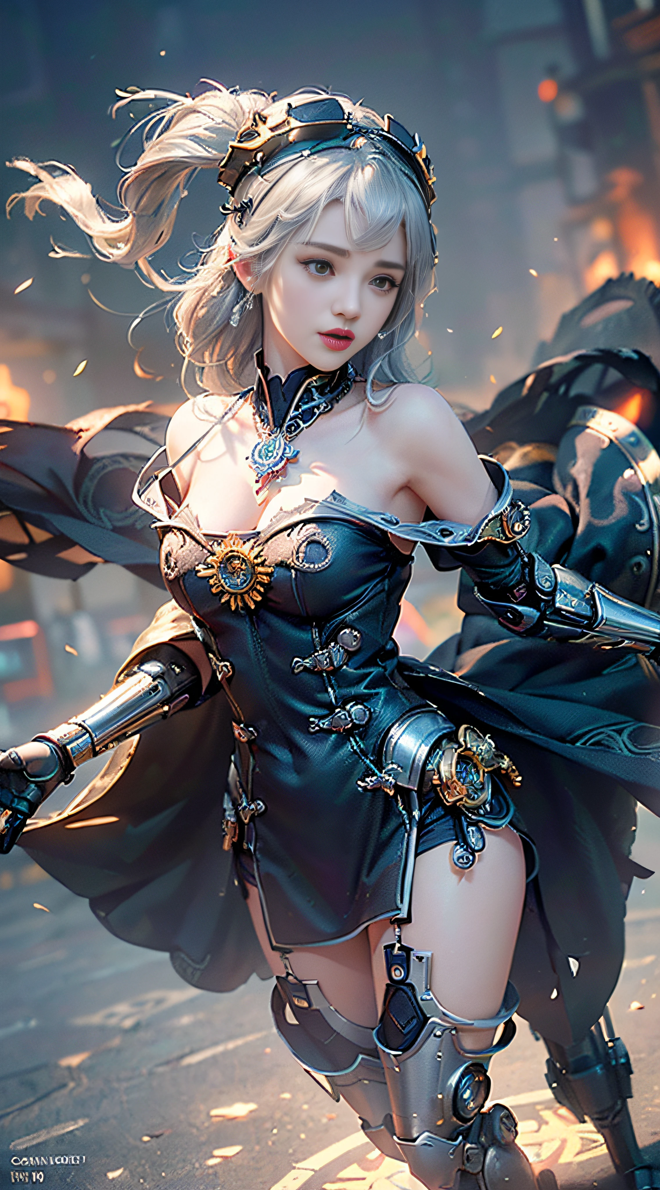 (((( masterpiece, top quality, ultra detailed))), (((( ultra photo-realistic 3D))), (((( dramatic leap in overall accuracy, producing ultra detailed and realistic images))), intricate mechanical cyborg girl, dynamic battle action poses, detailed and intricate steampunk and gothic ta fused with detailed off-the-shoulder fashion, intricate steampunk headgear, hands are intricate mechanical weaponry, very thin legs, very long eyelashes, silver hair that flutters in the wind, mandala patterned cloak detailed off-the-shoulder fusion fashion, intricate steampunk headgear, hands intricate mechanical weapons, very thin long legs, very long eyelashes, silver hair fluttering in the wind, dazzling lights in mandala pattern, lots of neon lights crossing and scattering, very complex giant mechanical weapons, complex machine factory surrounded by flames, Very dark night background, very dramatic and cinematic lighting, HDR (High Dynamic Range), Ray Tracing, NVIDIA RTX, Super Resolution, Unreal 5, Subsurface Scattering, PBR Texturing, Post-Processing, Anisotropic Filtering, Depth of Field, Maximum Clarity and Sharpness, Multilayer Textures, Albedo and Specular Maps, Surface Shading, Accurate Simulation Light Material Interaction, Perfect Proportions, Octane Rendering, Two-Tone Lighting, Wide Aperture, Low ISO, White Balance, Rule of Thirds, 16K RAW,