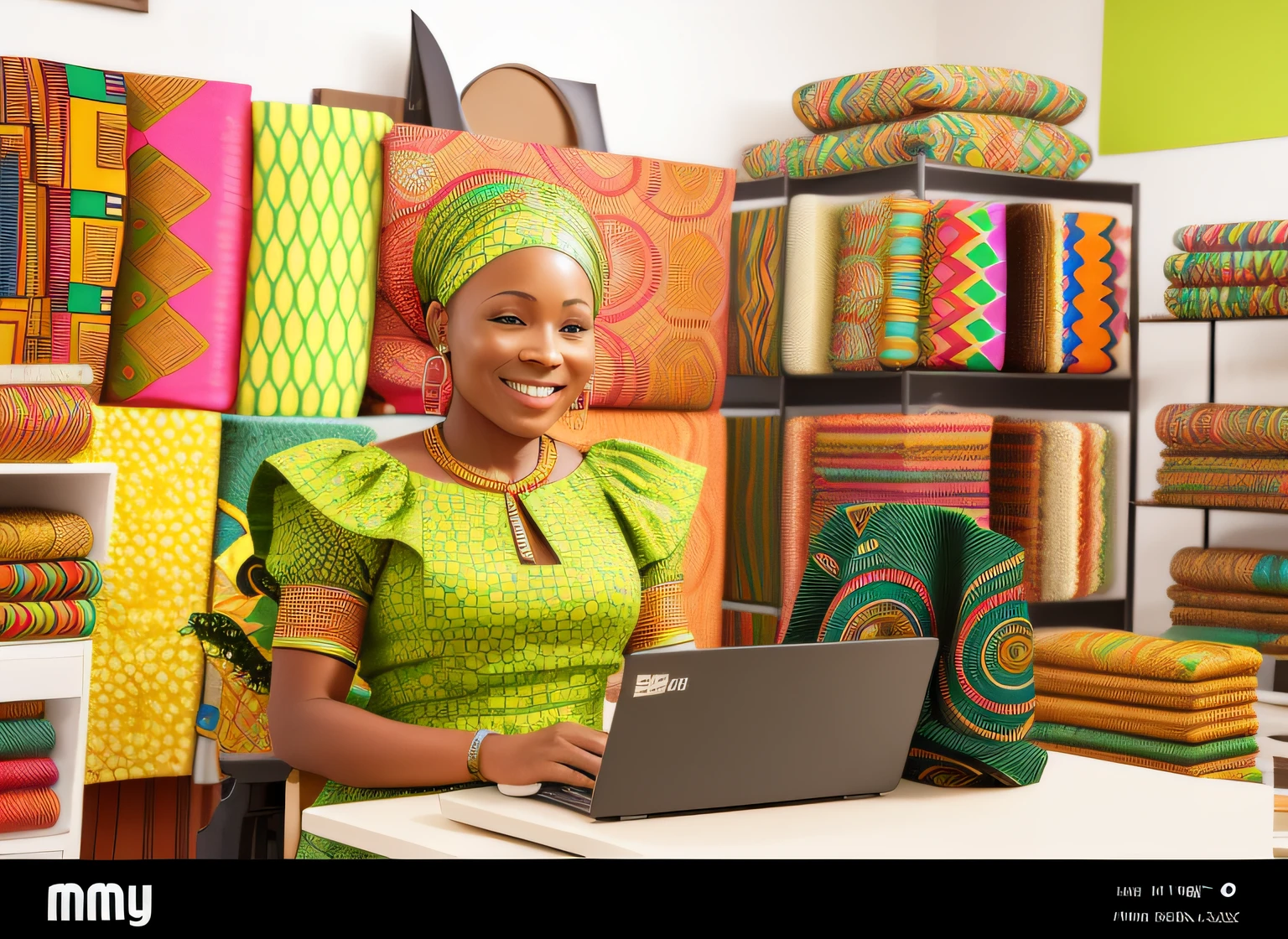 a woman in a green dress is using a laptop in a fabric shop, african woman, wearing an african dress, information, vibrant setting, mami wata, lady kima, vibrant and dynamic, exploitable image