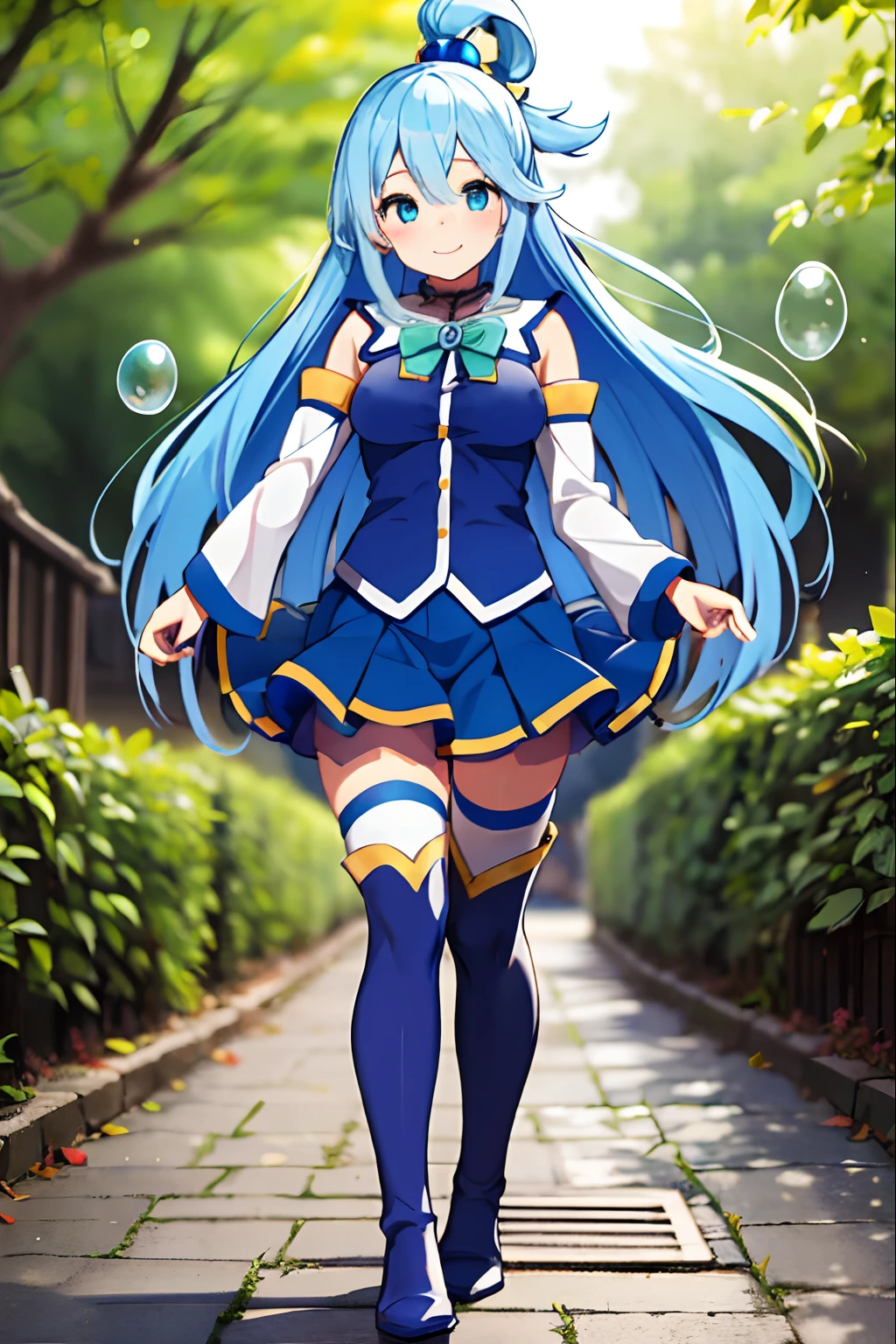 aqua \(konosuba\), mksks style, (very detailed background:1.0), (highly detailed background:1.0), {Masterpiece}, High Quality, 1girl, blue eyes, blue footwear, blue hair, blue thighhighs, blush, boots, breasts, bubble, detached sleeves, hair ornament, hair rings, leg up, long hair, looking at viewer, medium breasts, open hand, single hair ring, skirt, smile, solo, standing, standing on one leg, thigh boots, thighhighs, very long hair, water, white thighhighs, kono subarashii sekai ni shukufuku wo!,