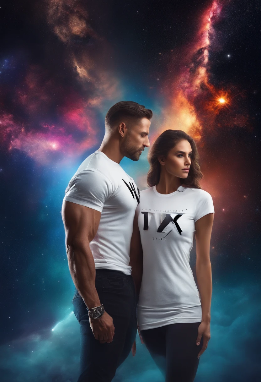 a man with muscles and a fitness woman, dressed in long white t-shirts, with the word "Vix" on the t-shirt, new fashion, advertising, explosion of neon colors, in deep space