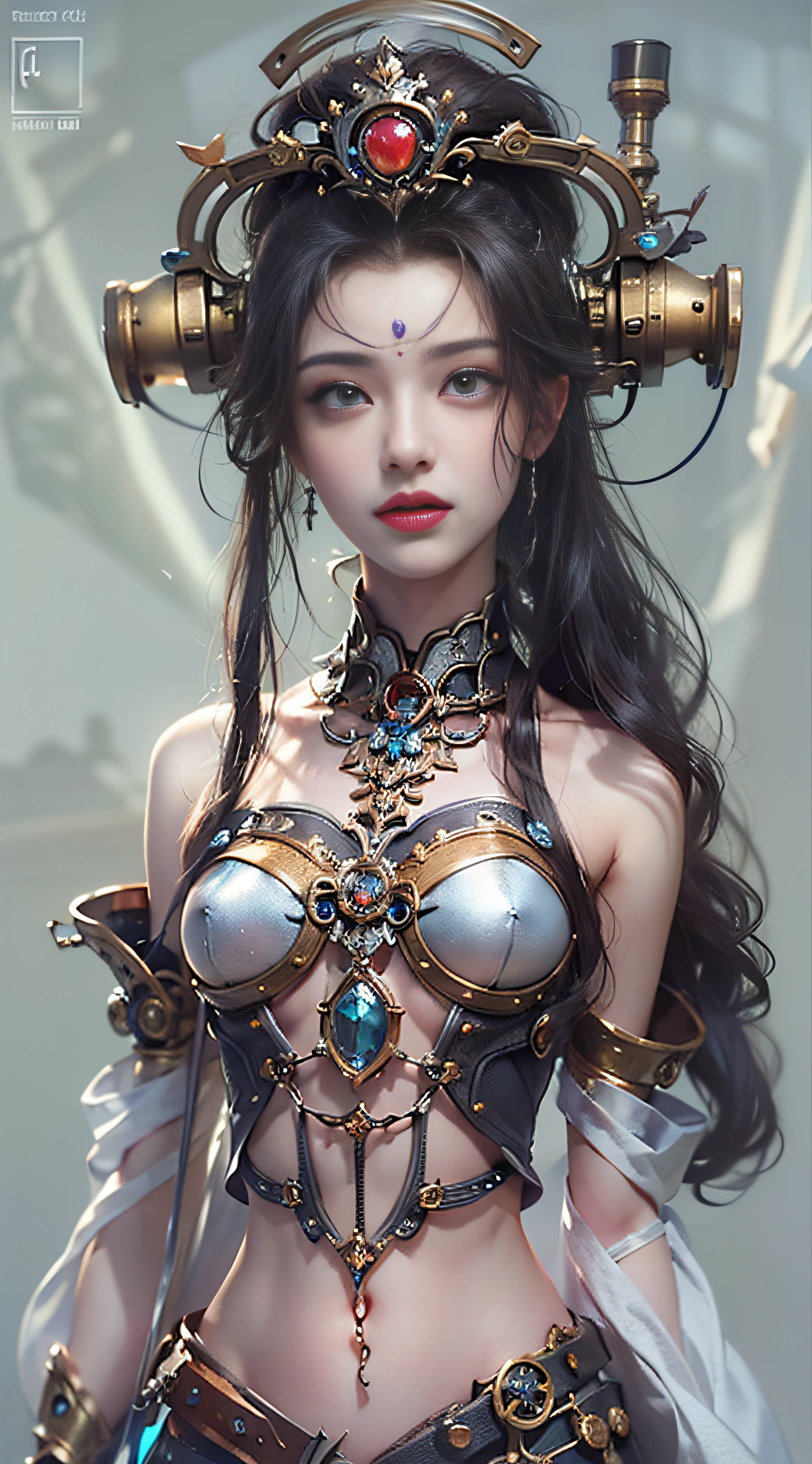 (((Masterpiece, top quality, super detailed))), (((One endless mage girl, , radiating magic))), (((complex mechanical headgear, complex mechanical steampunk fashion and overdecorated gothic fashion and neon glitter cyberpunk fashion fusion of))), bust-up photos, (((( very detailed face))), (((very sharp focused eyes))), very large slit dark gray eyes that shine like jewels. Very long eyelashes, long dark hair in vertical curls, thick bangs, perfect princess cut, very gorgeous tiara, (((perfectly accurate human anatomy))), long neck, narrow shoulders, long slender arms, small breasts, very narrow waist, very small buttocks, long slender legs, (((overall accuracy has been dramatically improved, creating super detailed, realistic and realistic images)))), (((magic, magic spell light, magic weapon))), dynamic poses, cinematic lighting,