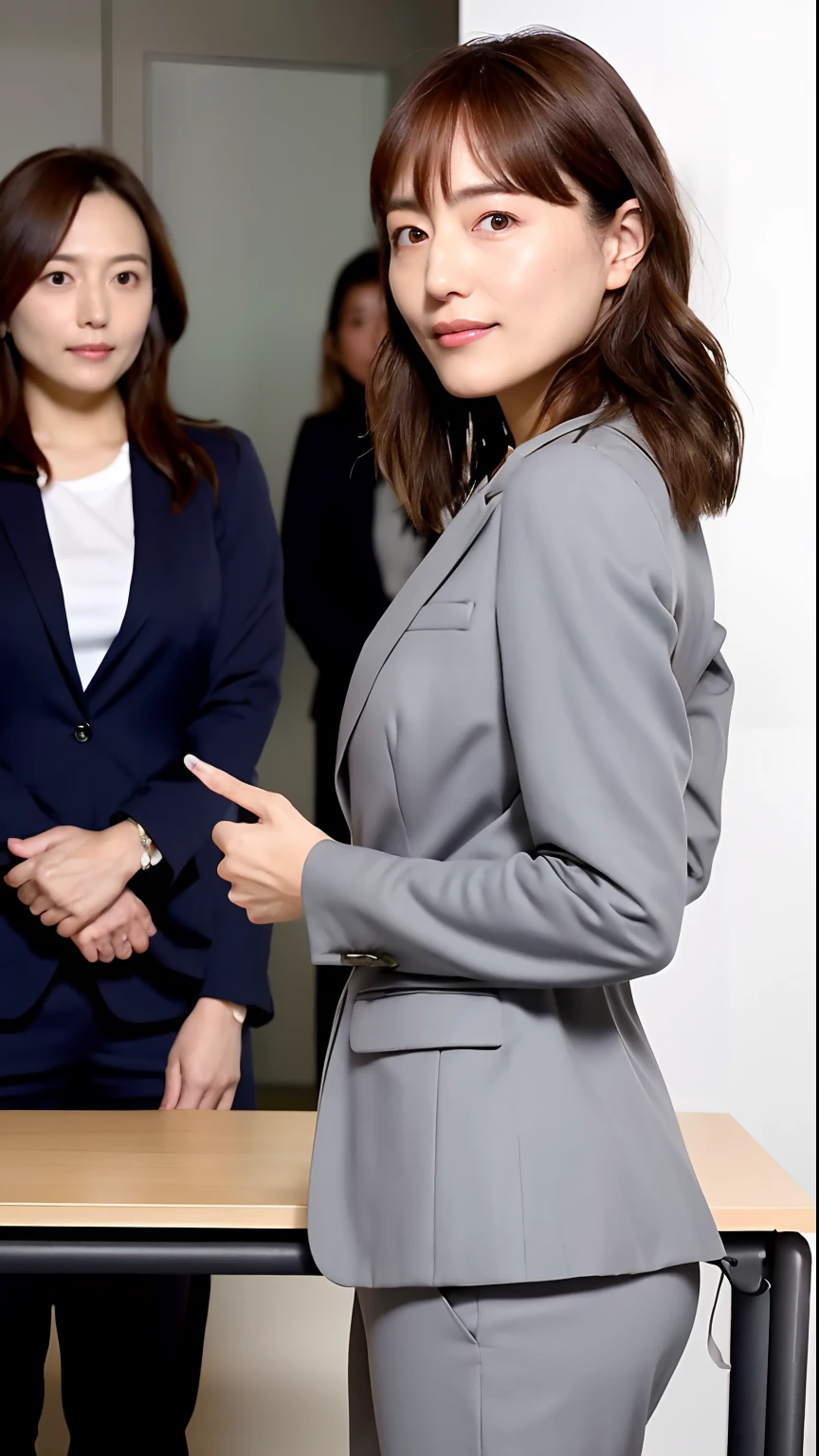 (Best quality, 8k, 32k, Masterpiece, UHD:1.2), 1girl, beautiy Japanese woman, narrow waist, grey suit, open jacket, office lady, suit, pants, from behind, office room, desk, (stick out one's buttocks:1.2), detailed face, short hair,