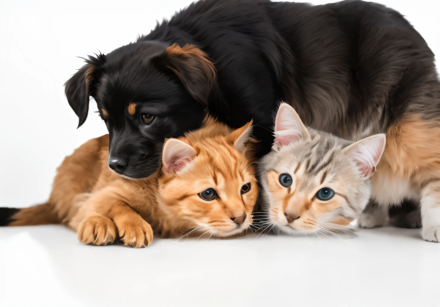 there is a dog and a cat that are laying down, cat on top of dog, cat dog teddy mix, cat and dog licking each other, pet animal, kitten puppy teddy mix, aww, cat dog hybrid, cute animals, tiny cat riding a labrador, cute and cuddly, cutest, pets, shutterstock, cute animal, award - winning pet photography, best friends