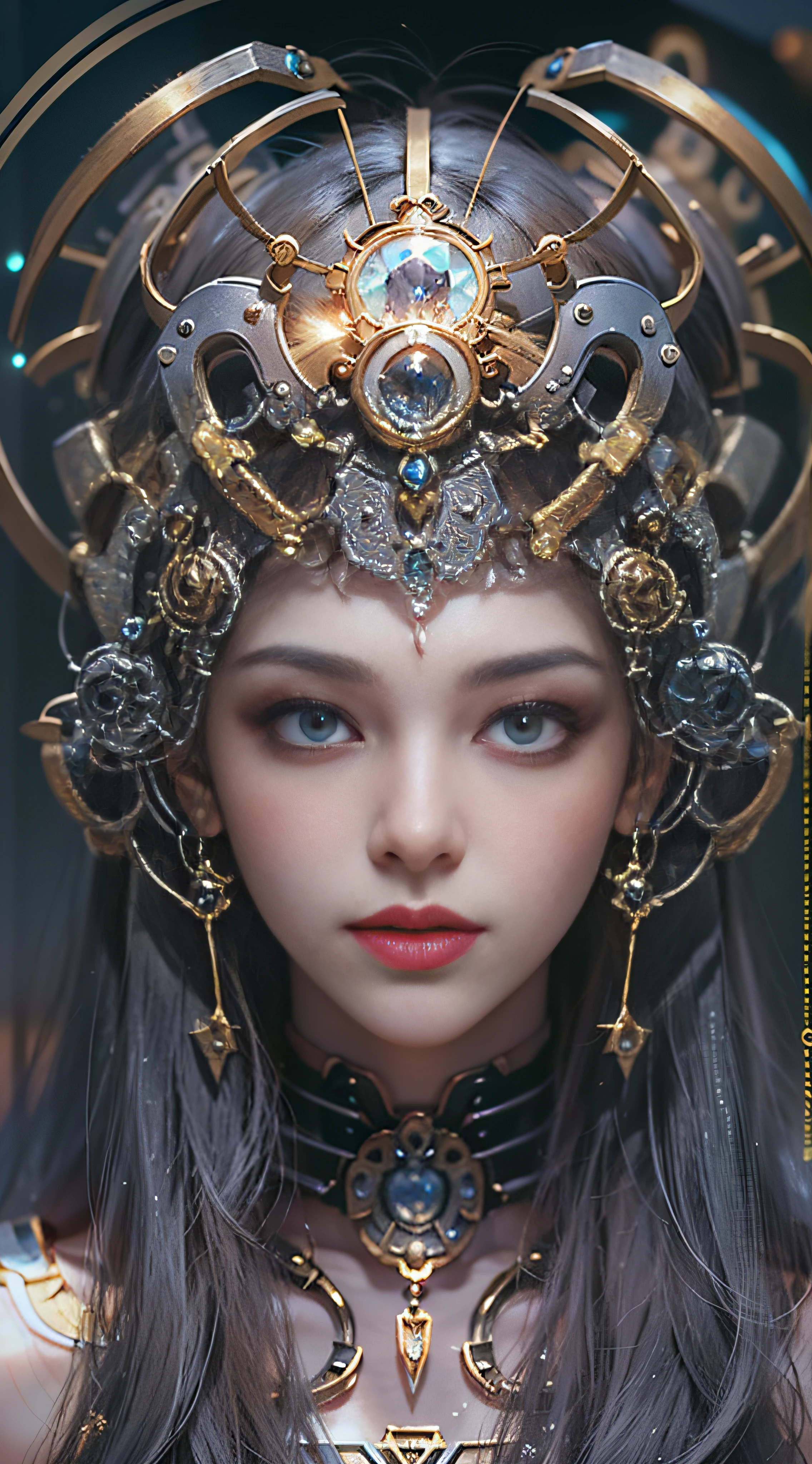 (((Masterpiece, top quality, super detailed))), (((One endless mage girl, 14 years old, radiating magic))), (((complex mechanical headgear, complex mechanical steampunk fashion and overdecorated gothic fashion and neon glitter cyberpunk fashion fusion of))), bust-up photos, (((( very detailed face))), (((very sharp focused eyes))), very large slit dark gray eyes that shine like jewels. Very long eyelashes, long dark hair in vertical curls, thick bangs, perfect princess cut, very gorgeous tiara, (((perfectly accurate human anatomy))), long neck, narrow shoulders, long slender arms, small breasts, very narrow waist, very small buttocks, long slender legs, (((overall accuracy has been dramatically improved, creating super detailed, realistic and realistic images)))), (((magic, magic spell light, magic weapon))), dynamic poses, cinematic lighting,