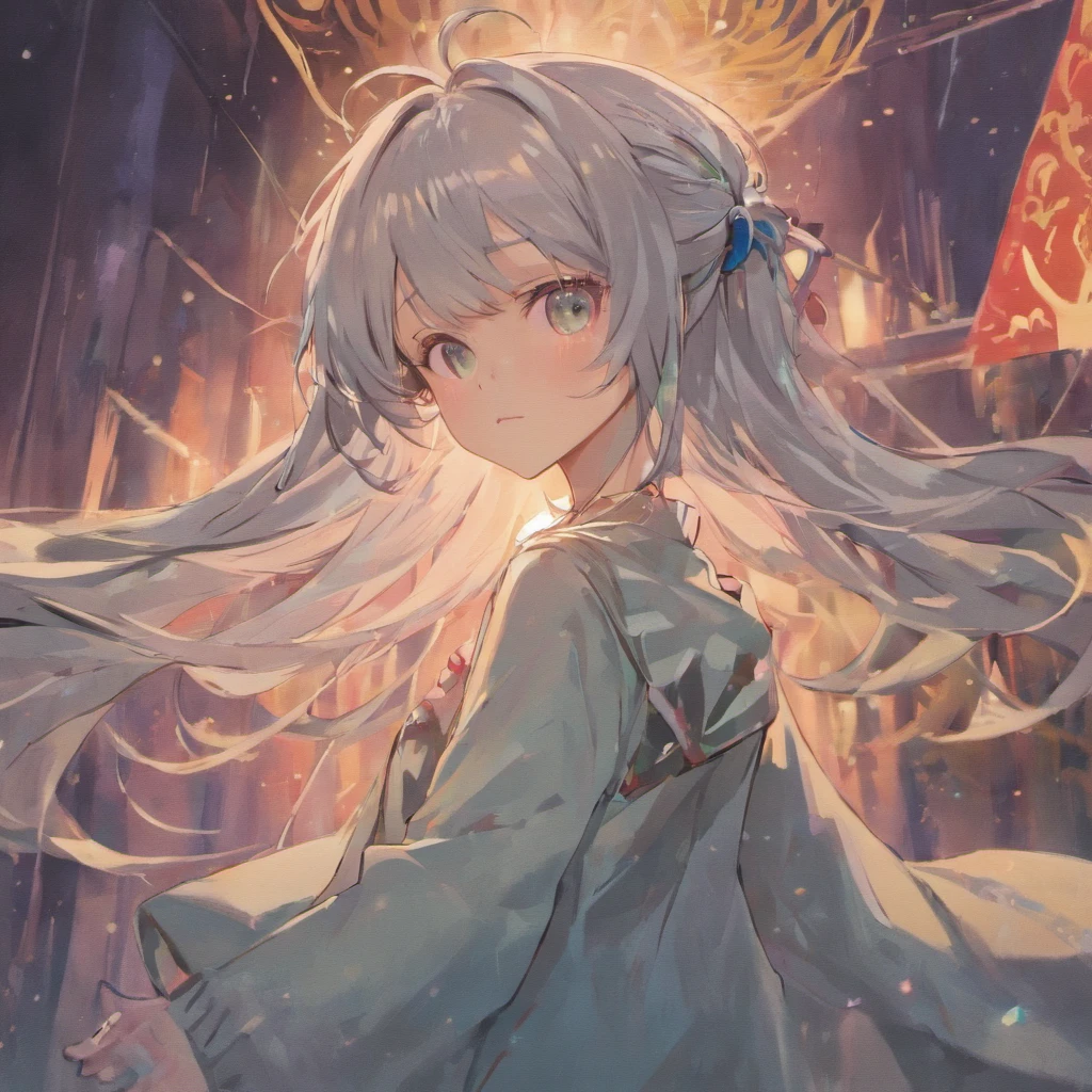 a 1girl, 独奏, Anime girl with gray hair with long ends of hair, ah high, ah high, Emo Art Student, Manga illustration, artstyle, relaxed pose, A peaceful expression on his face, dnd, Flat Breast, Fantasy clothing