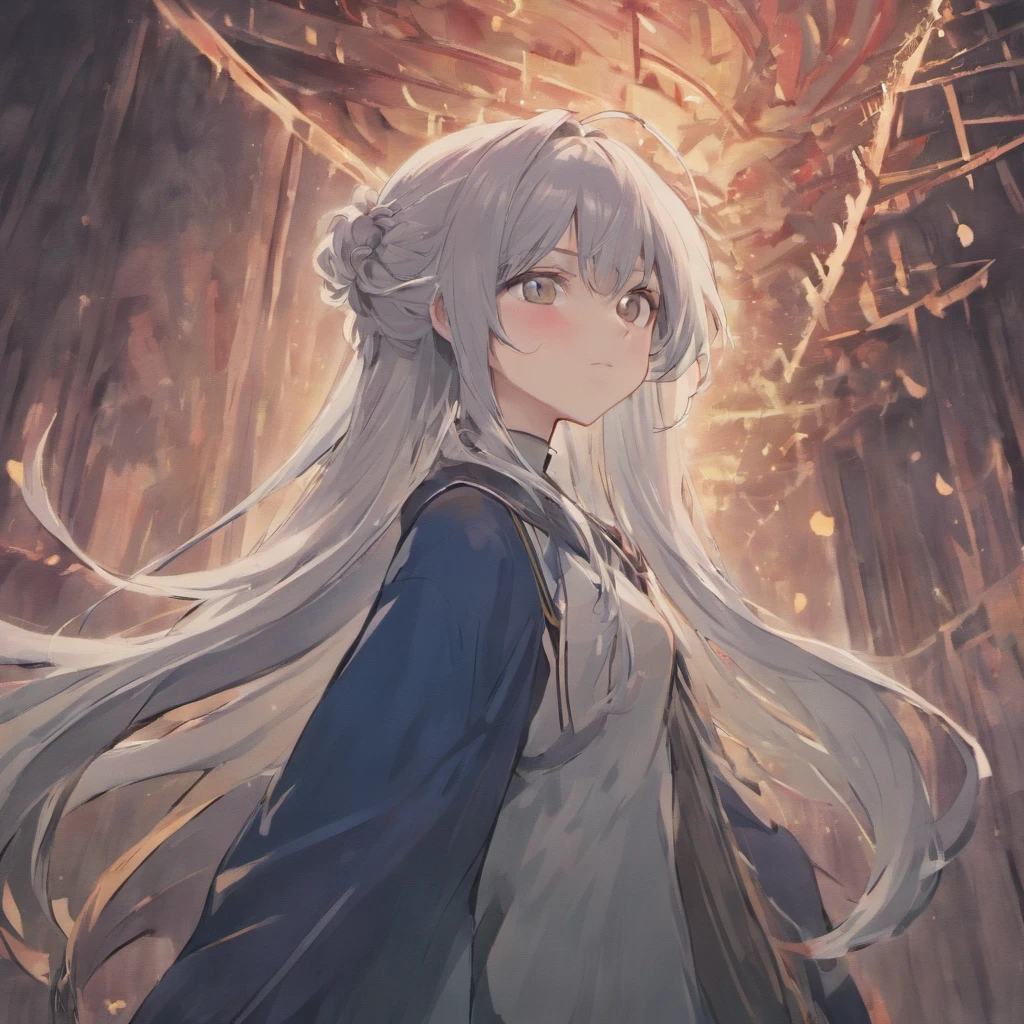 a 1girl, 独奏, Anime girl with gray hair with long ends of hair, ah high, ah high, Emo Art Student, Manga illustration, artstyle, relaxed pose, A peaceful expression on his face, dnd, Flat Breast, Fantasy clothing