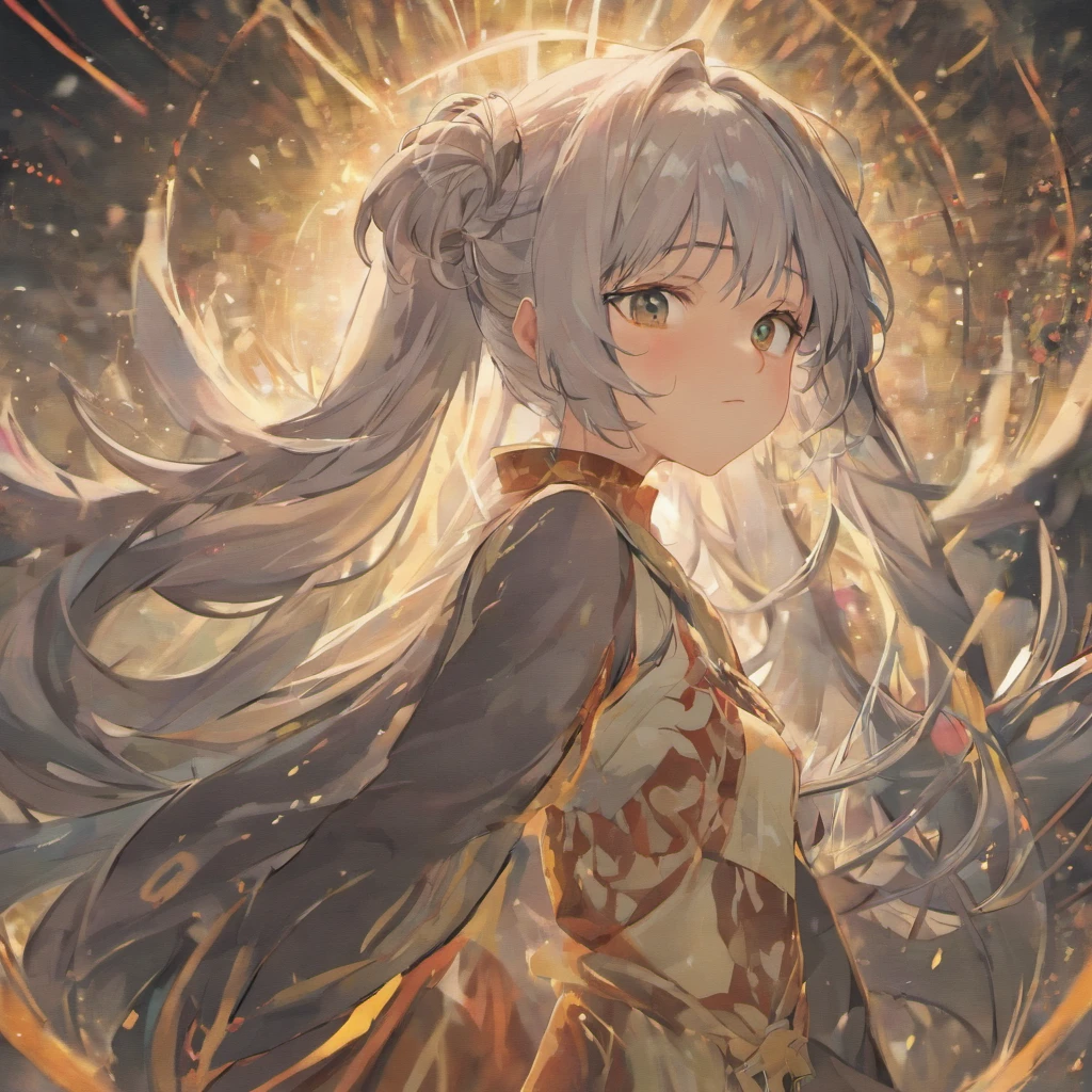 a 1girl, 独奏, Anime girl with gray hair with long ends of hair, ah high, ah high, Emo Art Student, Manga illustration, artstyle, relaxed pose, A peaceful expression on his face, dnd, Flat Breast, Fantasy clothing