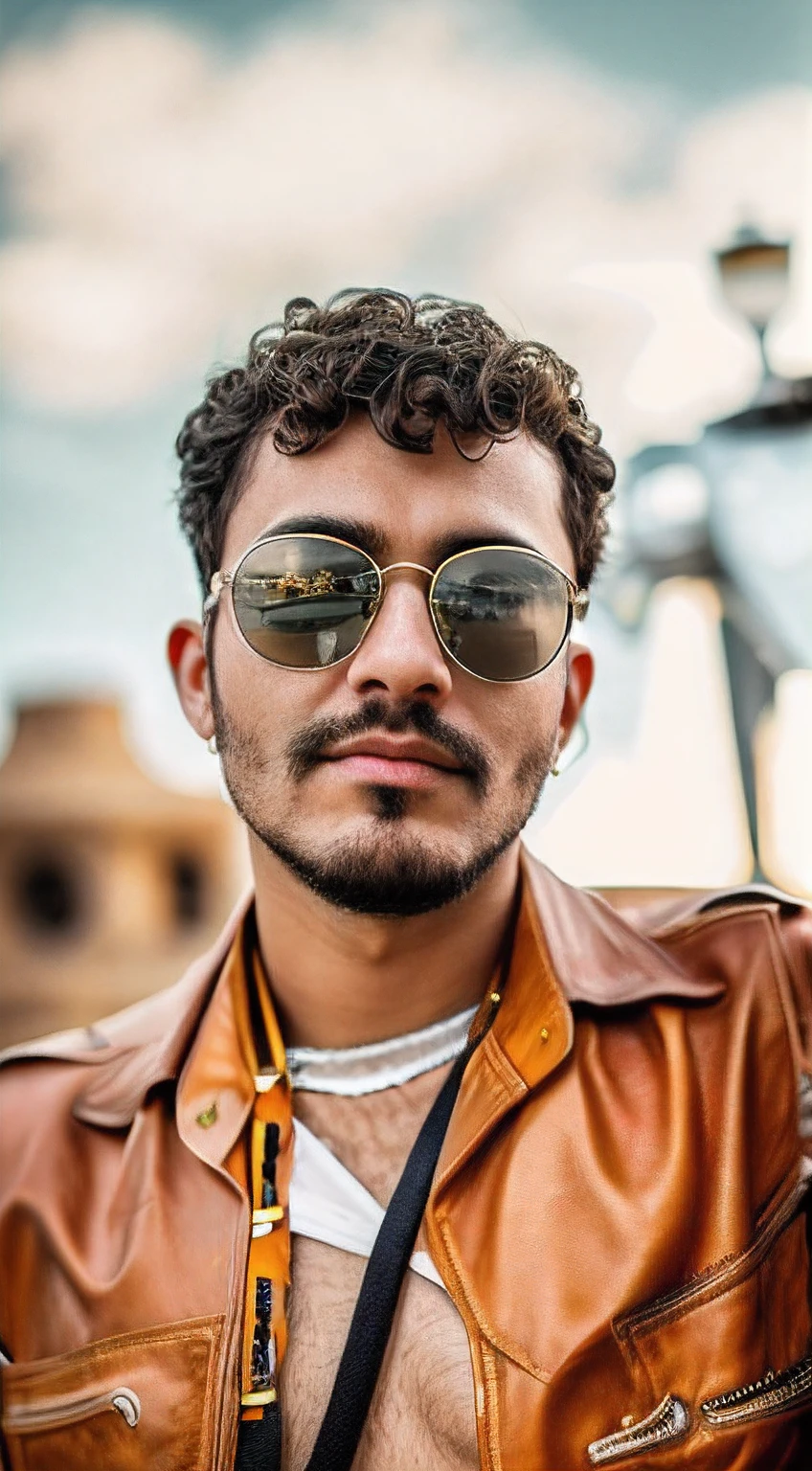 Man in steampunk theme with robotic circuits on face on orange background, rosto perfeito, olhos perfeitos, boca perfeita