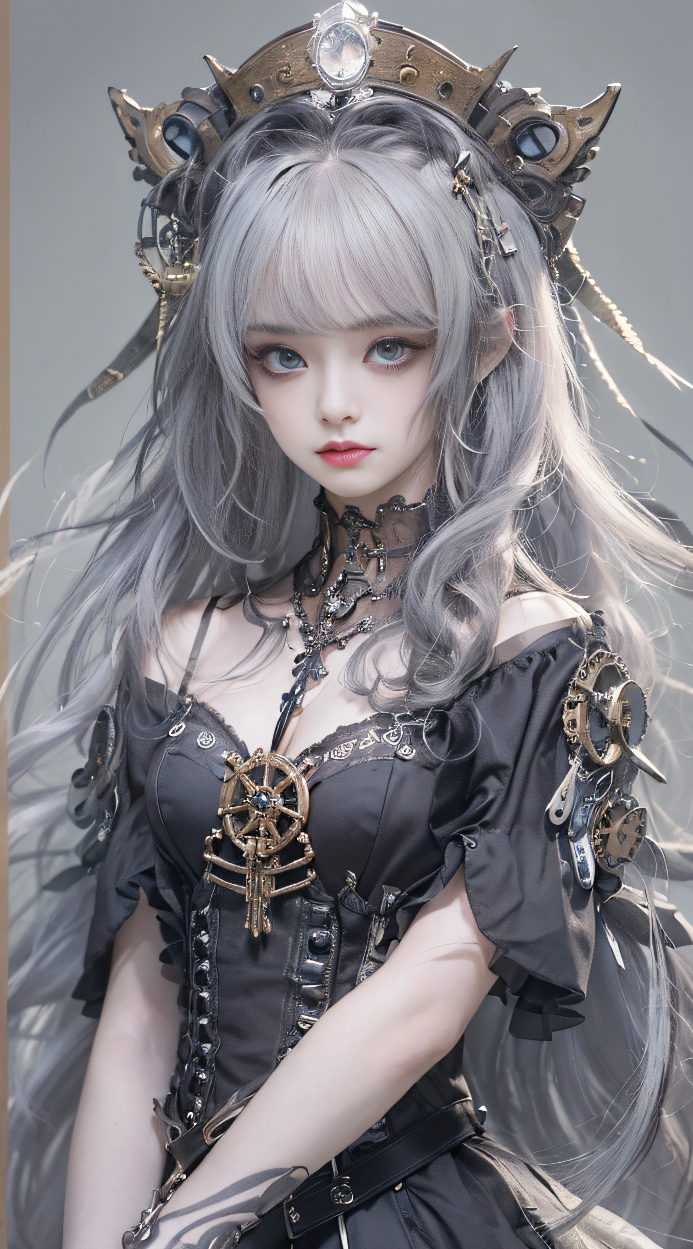 (((Masterpiece, top quality, ultra-detailed))), (((1 Infinity Mage Girl))), 14 years old, (((very detailed face))), small thin nose, small thin-lipped mouth, (((very sharp focused eyes))), very large slit precision pale grey eyes, sparkling like jewels. Very long eyelashes, long black hair in black vertical curls, with fringes, ((Steampunk fashion, Gothic Lolita fashion))