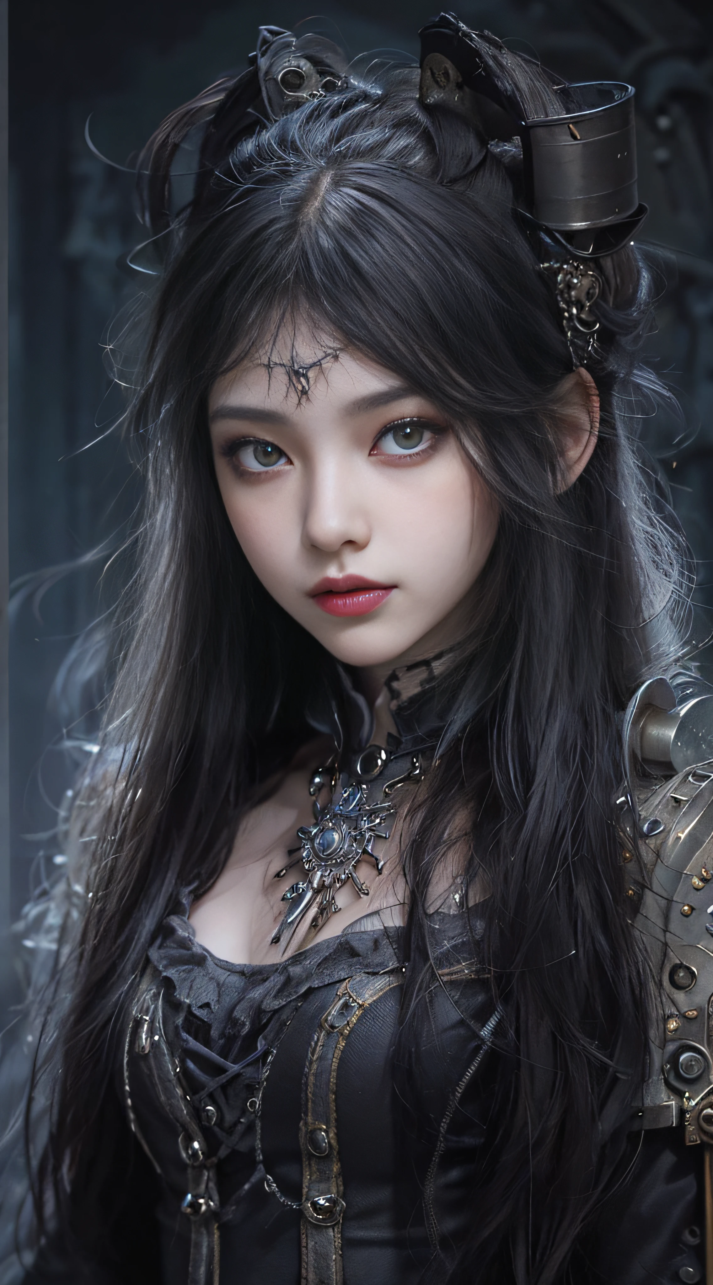 (((Masterpiece, top quality, ultra-detailed))), (((1 Infinity Mage Girl))), 14 years old, (((very detailed face))), small thin nose, small thin-lipped mouth, (((very sharp focused eyes))), very large slit precision pale grey eyes, sparkling like jewels. Very long eyelashes, long black hair in black vertical curls, with fringes, ((Steampunk fashion, Gothic Lolita fashion))