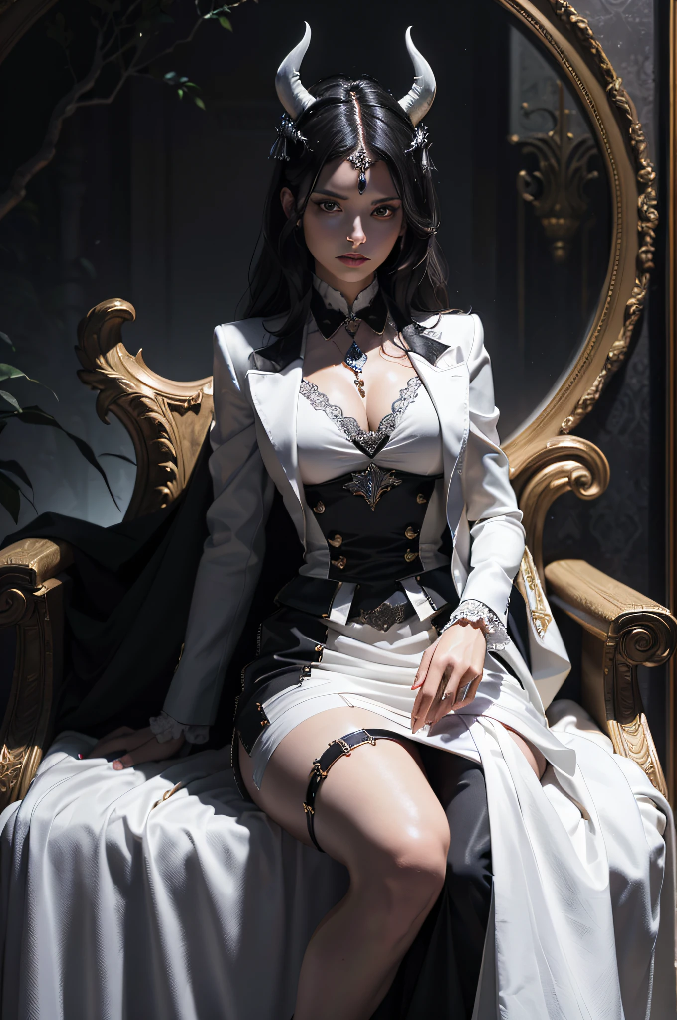 linda mulher "(exquisitely detailed CG unity 8k wallpaper, masterpiece-quality with stunning realism), (best illumination, best shadow), (best quality), ((gallant man)), (elegant and demonic style:1.2), demon lord, sitting elegantly upon an intricately glorious throne, wearing a (sleek white tuxedo:1.2), (piercing black eyes+short black hair:0.8), surrounded by an ominous and dark atmosphere, accentuated by dramatic and striking lighting, imbued with a sense of surreal fantasy".