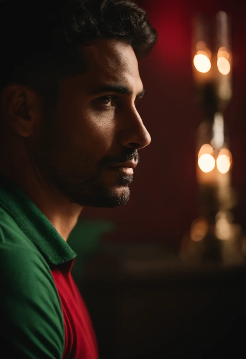 Profil picture of a latino man with green eyes. Red shirt. Realist