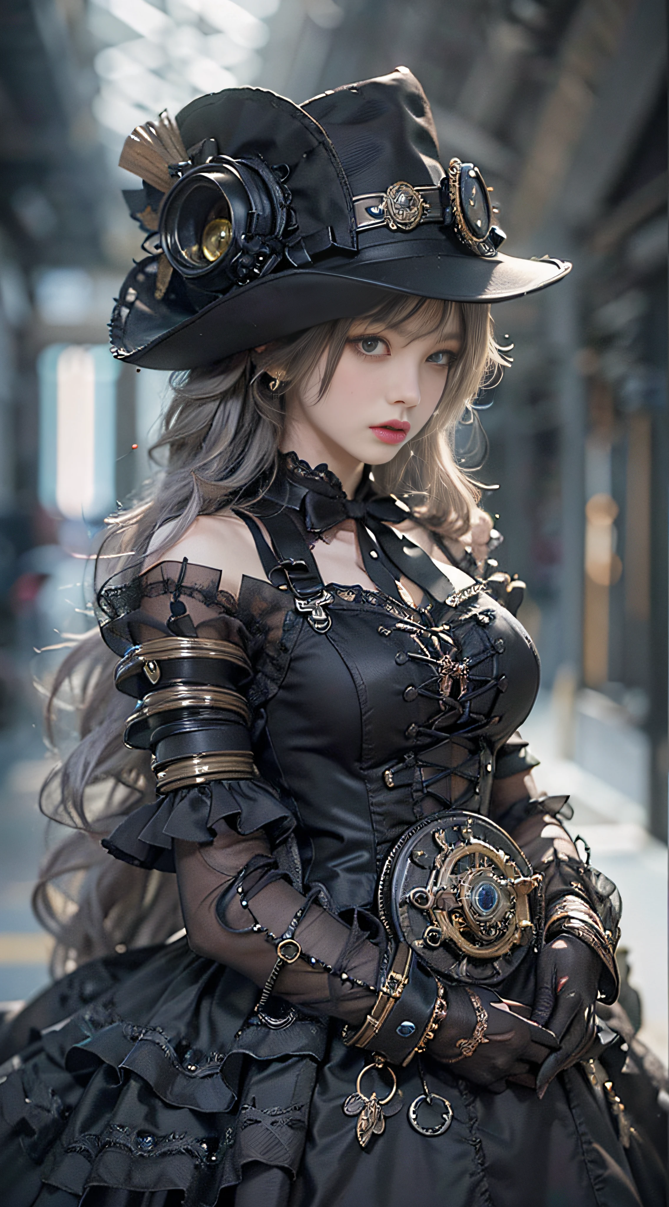 (((Masterpiece, top quality, super detailed))), (((( very detailed face))), small thin nose, small thin lip mouth, (((very sharp focused eyes))), very large slit precise pale gray eyes shining like jewels. Very long eyelashes, long black hair with black vertical curls, thick bangs, vertically curled princess cut, (((very decorative gothic lolita fashion meets overdecorated steampunk fashion))), very dramatic and cinematic lighting, (((overall accuracy has improved dramatically, creating a super detailed and realistic and realistic images))), proved dramatically, creating a super detailed and realistic image ))), HDR (High Dynamic Range), Ray Tracing, NVIDIA RTX, Super Resolution, Unreal 5, Subsurface Scattering, PBR Texturing, Post-Processing, Anisotropic Filtering, Depth of Field, Maximum Clarity and Sharpness, Multilayer Textures, Albedo and Specular Maps, Surface Shading, Accurate Simulation Light Material Interaction, Perfect Proportions, Octane Rendering, Two-Tone Lighting, Wide Aperture, Low ISO, White Balance, Rule of Thirds, 16K RAW,