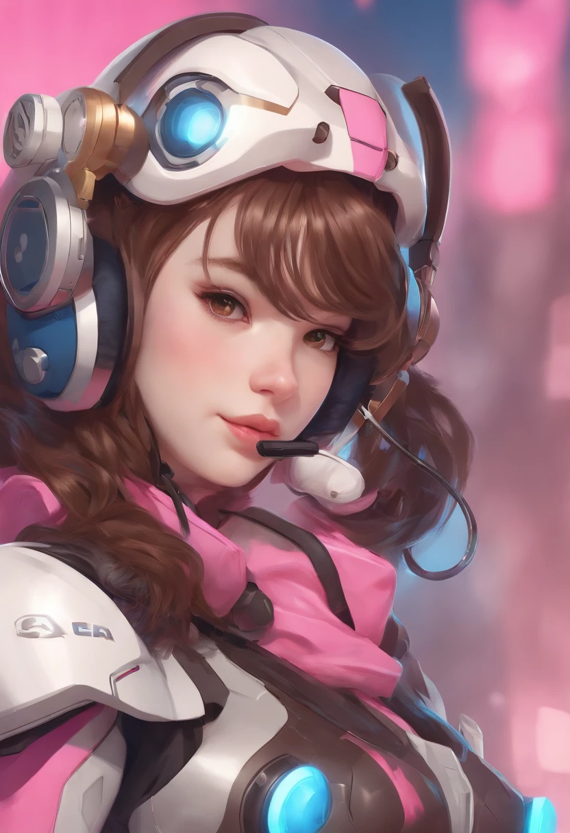 Masterpiece, Best Quality, High Resolution, 1girl, Super High Resolution, Solo, Mech Pilot, D.VA, Headphones, Pink Eyes, Blue Tights, Brown Hair, White Gloves, Cat Face Adornament,