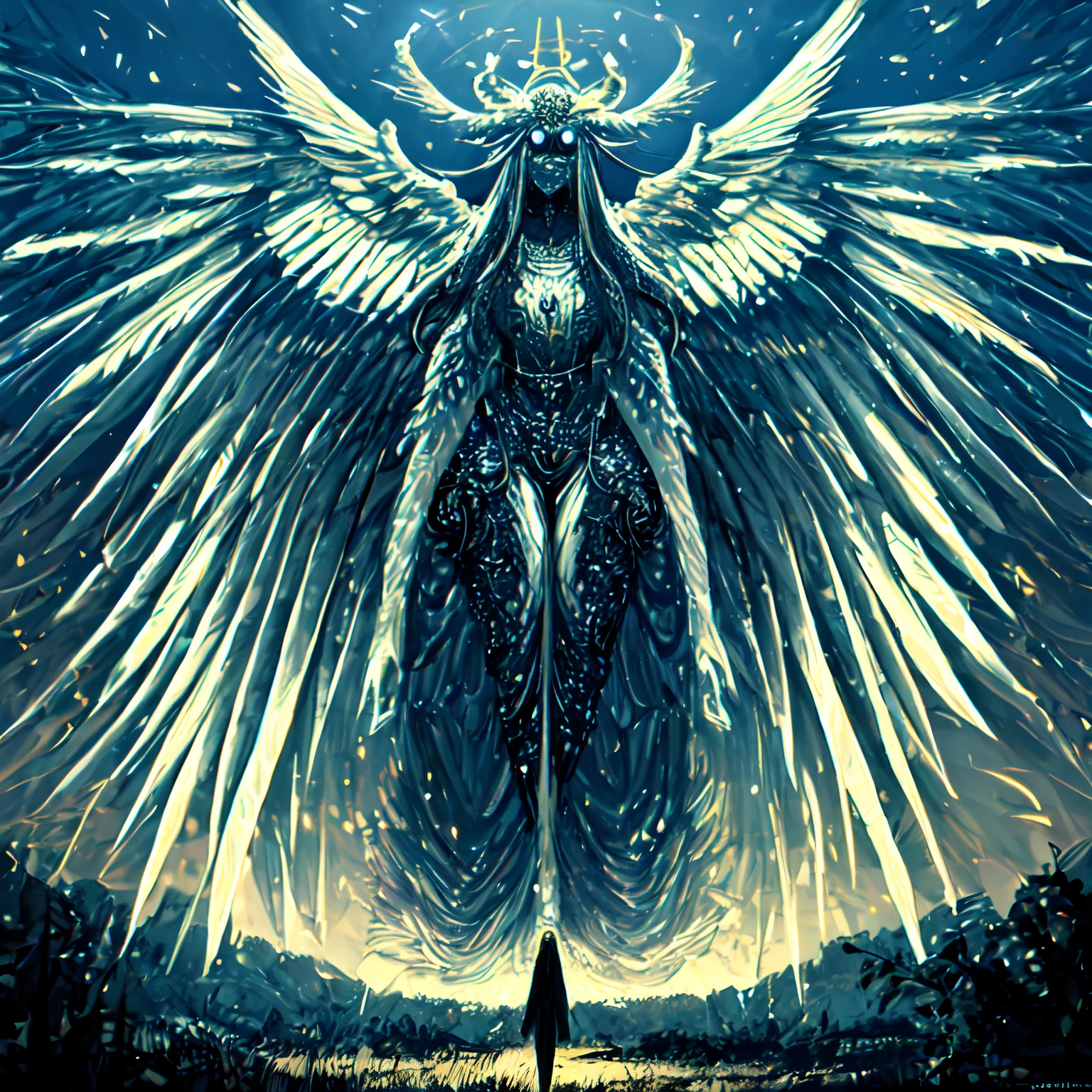 Biblically accurate terrifying Angel, extremely covered with giant eyes, glowing, giant wings, covered with eyes, in park, epic, detailed, intricate