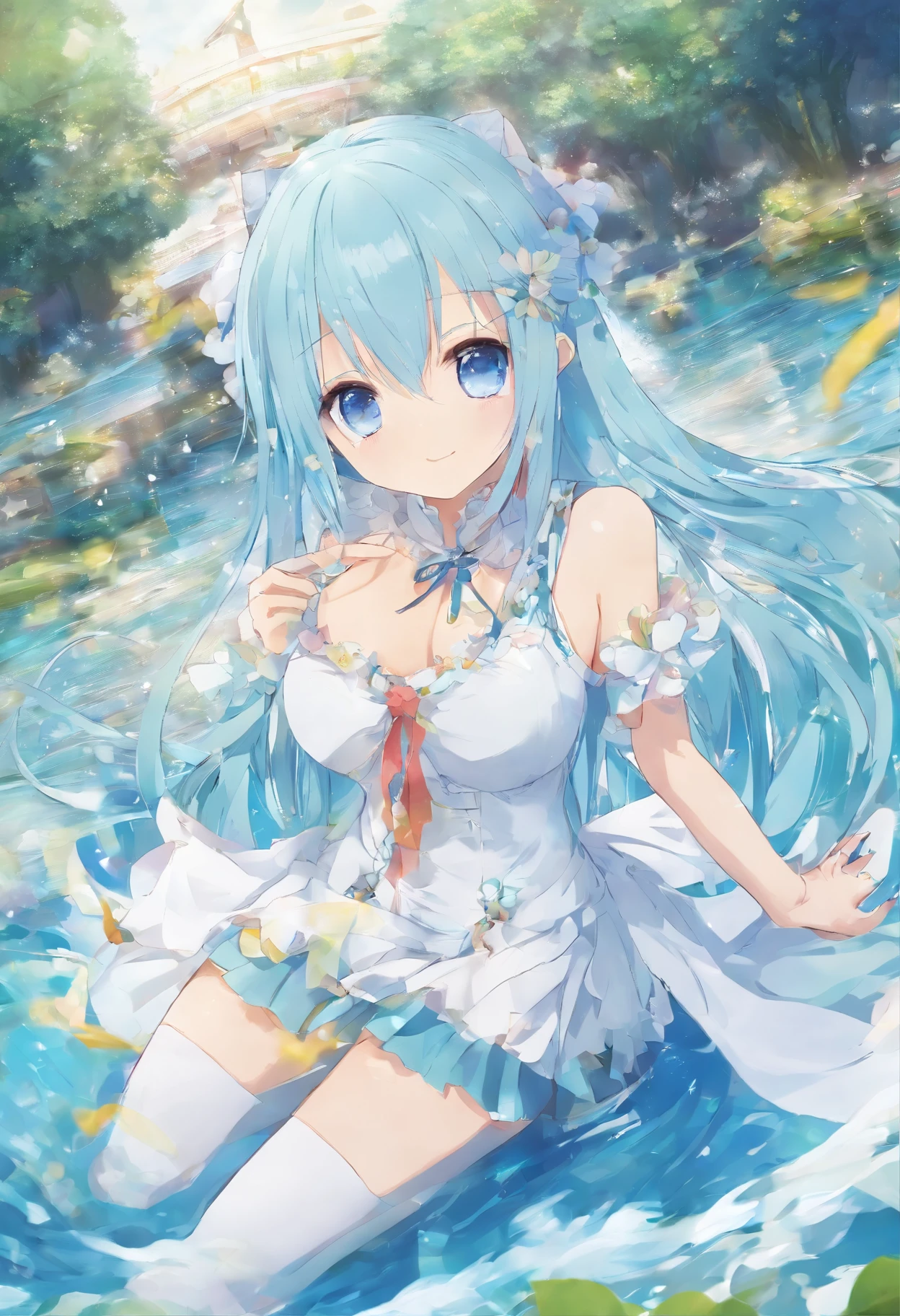 aqua \(konosuba\), mksks style, (very detailed background:1.0), (highly detailed background:1.0), {Masterpiece}, High Quality, 1girl, blue eyes, blue footwear, blue hair, blue thighhighs, blush, boots, breasts, bubble, detached sleeves, hair ornament, hair rings, leg up, long hair, looking at viewer, medium breasts, open hand, single hair ring, skirt, smile, solo, standing, standing on one leg, thigh boots, thighhighs, very long hair, water, white thighhighs, kono subarashii sekai ni shukufuku wo!,