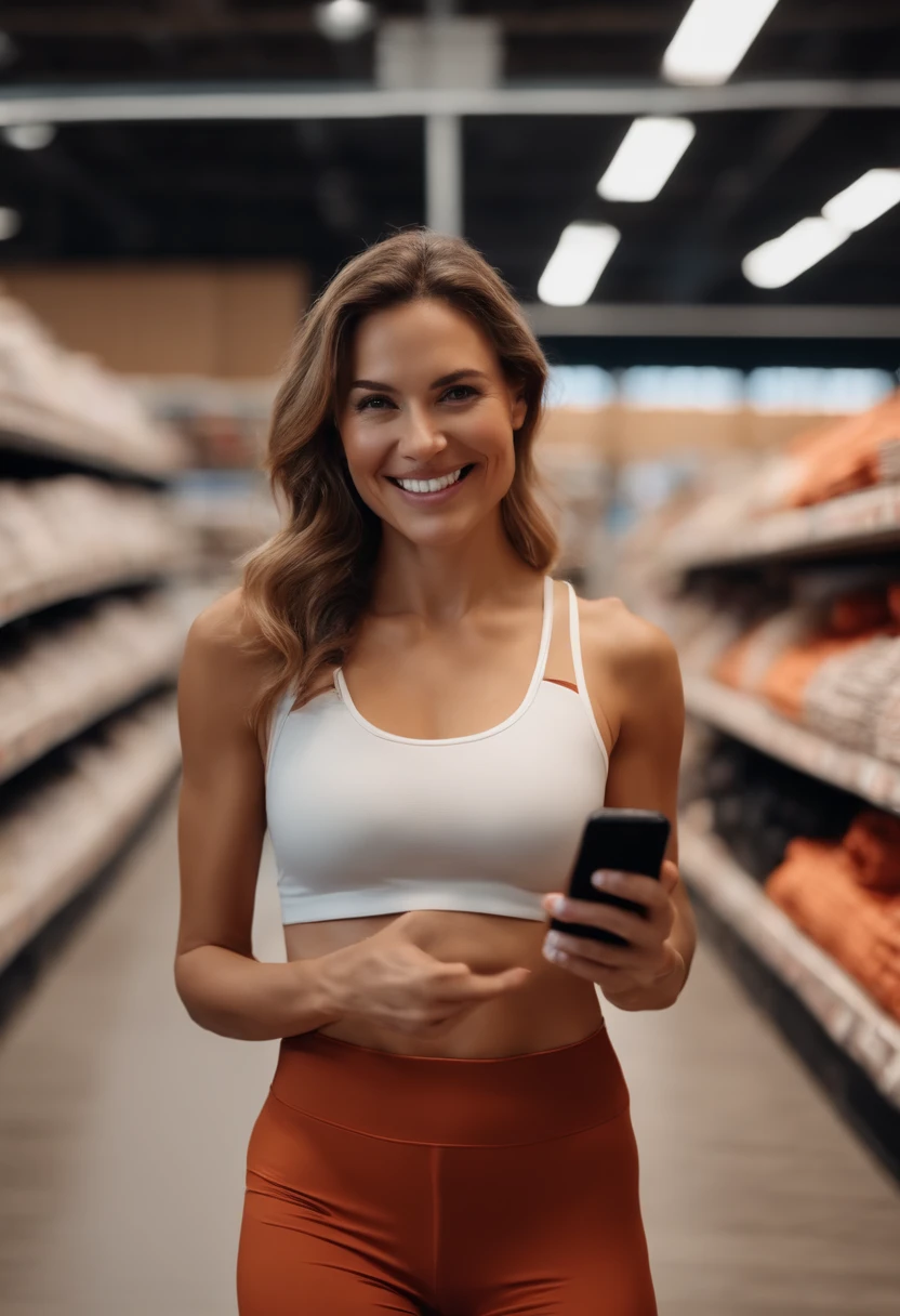 Smiling, 35-year-old woman in a thin sportswear holding an iPhone 14 Pro Max inside a building materials store in the flooring and HD resolution section and realistic looking