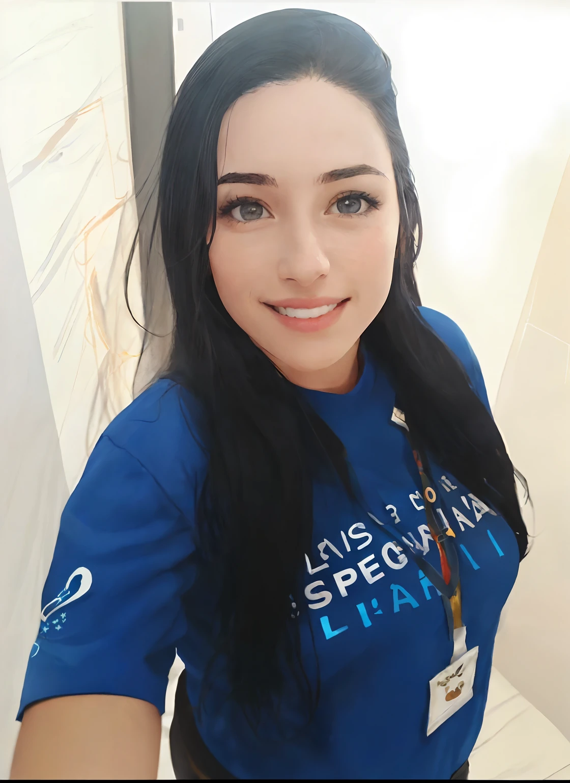 Mulher sorridente na camisa azul com emblema da equipe especial dos EUA em seu peito, imagem de perfil, Alanis Guillen, foto de perfil, imagem limpa, Ayahausca, Marischa Becker, imagem do avatar, lindo lindo, design deslumbrante, linda senhora, roupa azul, foto do perfil, Beautiful girl, olhar bonito, deslumbrante lindo, belos arredores, qualidade espetacular, perfect expression
