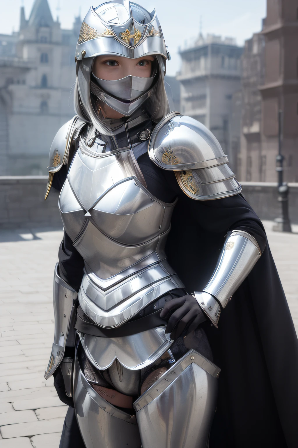 Arafed woman in a silver armor and helmet posing for a picture - SeaArt AI