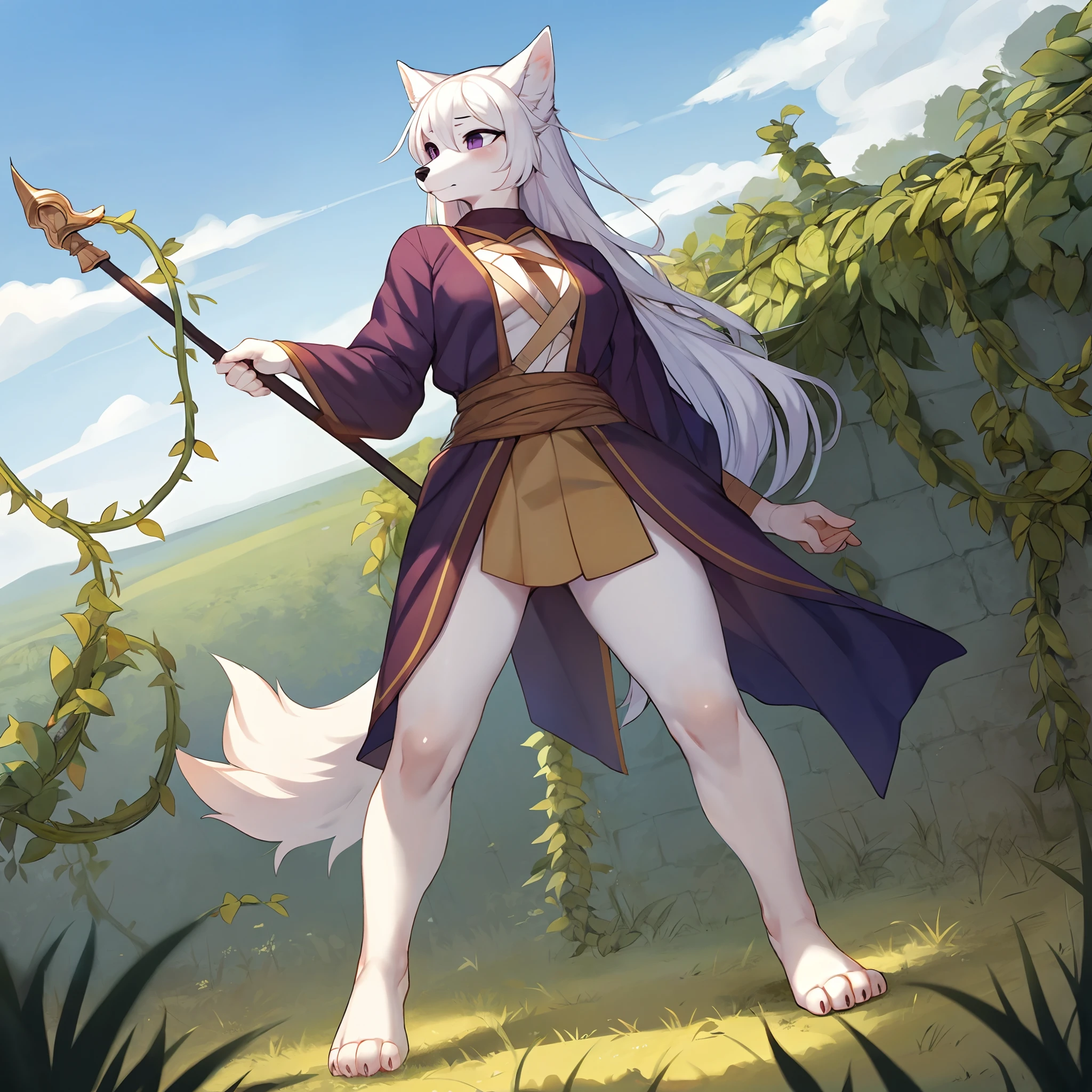 An all white furry anthropomorphic wolf girl, long white hair, purple eyes, black nose, cute snout, barefoot, white wolf tail, by gudlmok99, by whisperingfornothing, by hyattlen, by fumiko, standing in a field, windy day, solo:1.1, 4_toes:1.1, nice hands, wearing violet monk garbs, bandage_wraps_on_legs:1.1, holding a straight long Wooden staff, serious face, looking forward, surrounded by vines, summoning vines from the ground, wall of vines behind her