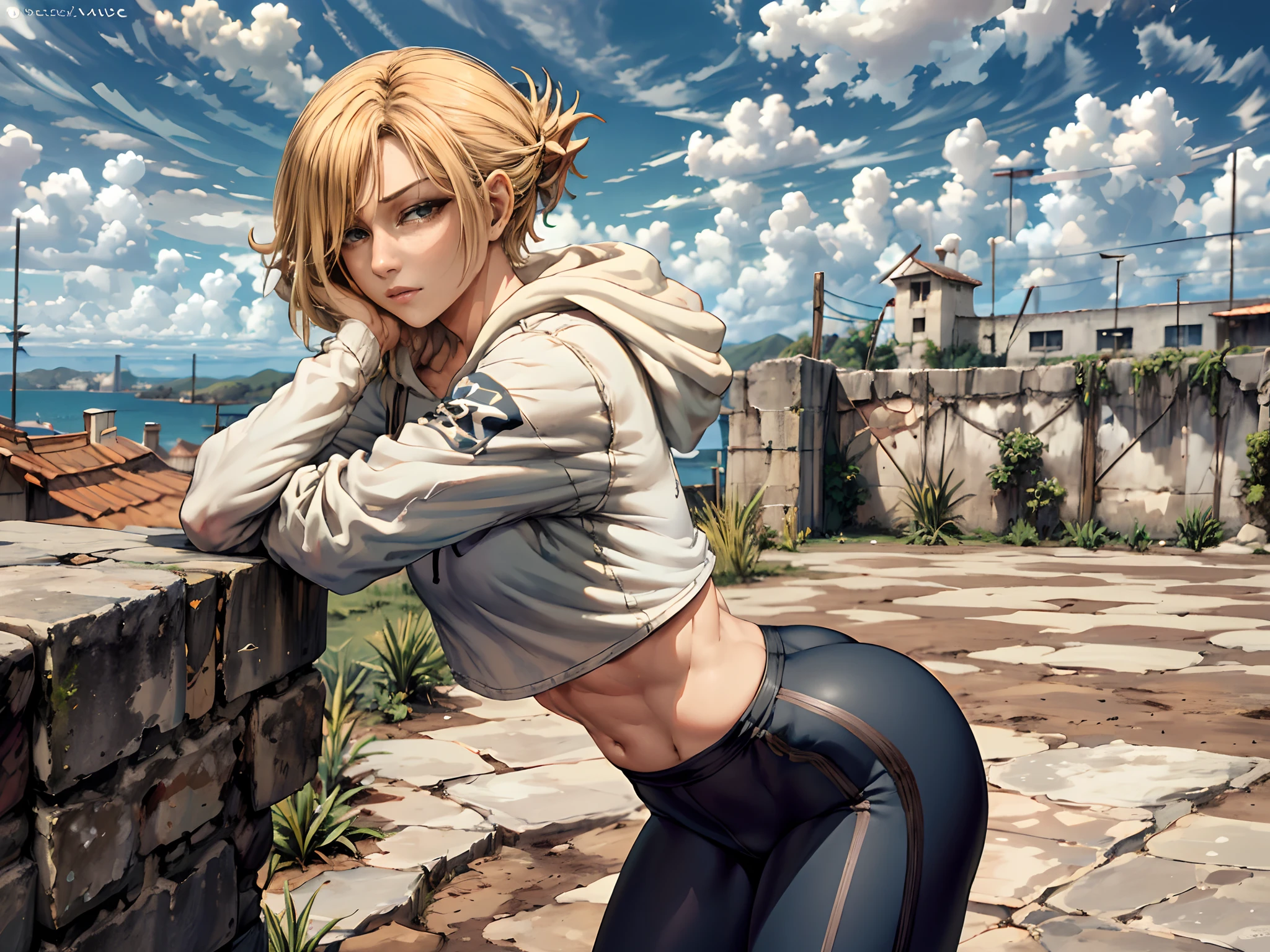 (best quality, masterpiece), <lora:AnnieAOT:1> , AnnieAOT, solo, hood, hoodie, looking_at_viewer, day, sky, cloud, closed_mouth, outdoors, hood_down, long_sleeves, blue_sky, white_hoodie, blush, ass, building, cropped_hoodie, crop_top,  from_side, pants, yoga_pants