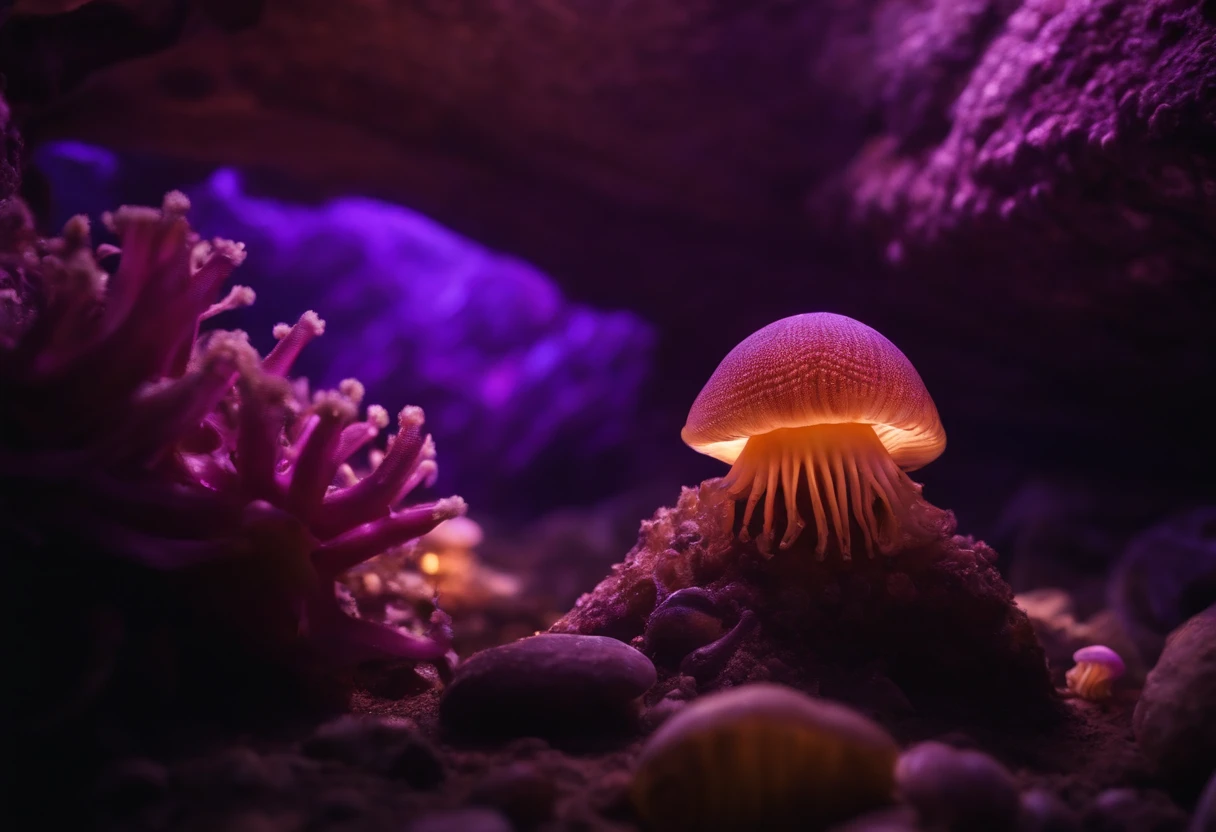 8k underground molluscs with purple lights in the background