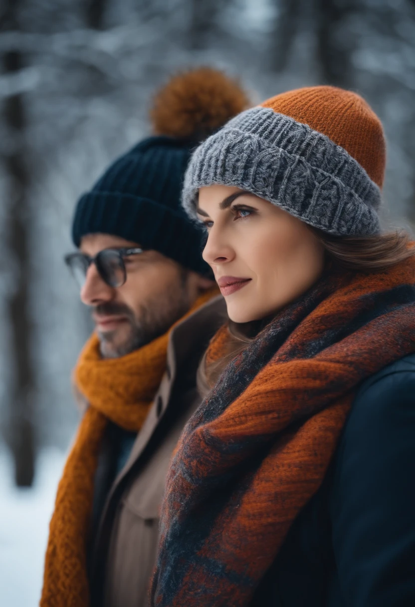 woman with scarf and hat in winter and her husband fixing the ultra-realistic scarf 8k