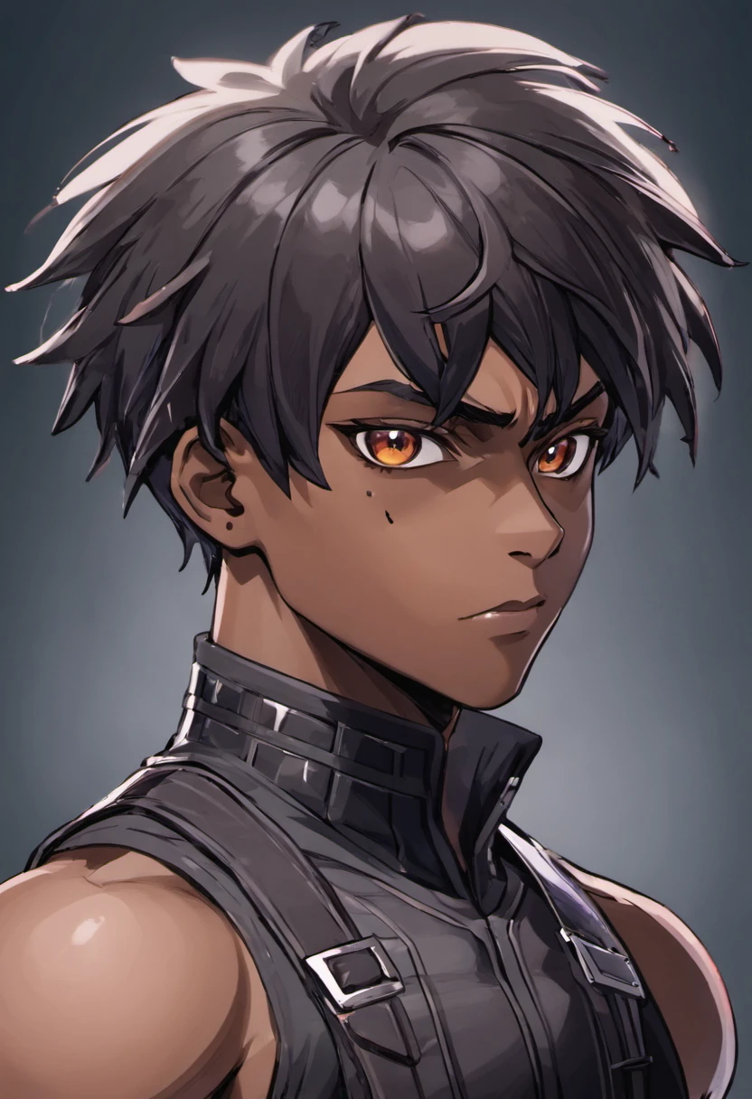 there is a black man with a black hair and a black vest, detailed character portrait, a teen black cyborg, afrofuturism anime, wakanda, highly detailed character, spiky black hair and dark skin, closeup character portrait, official character art, detailed character art, character close up, character art portrait, close up character, trendin on artstation, character art closeup