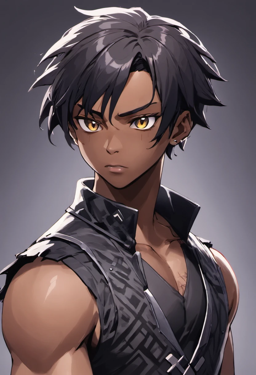 there is a black man with a black hair and a black vest, detailed character portrait, a teen black cyborg, afrofuturism anime, wakanda, highly detailed character, spiky black hair and dark skin, closeup character portrait, official character art, detailed character art, character close up, character art portrait, close up character, trendin on artstation, character art closeup