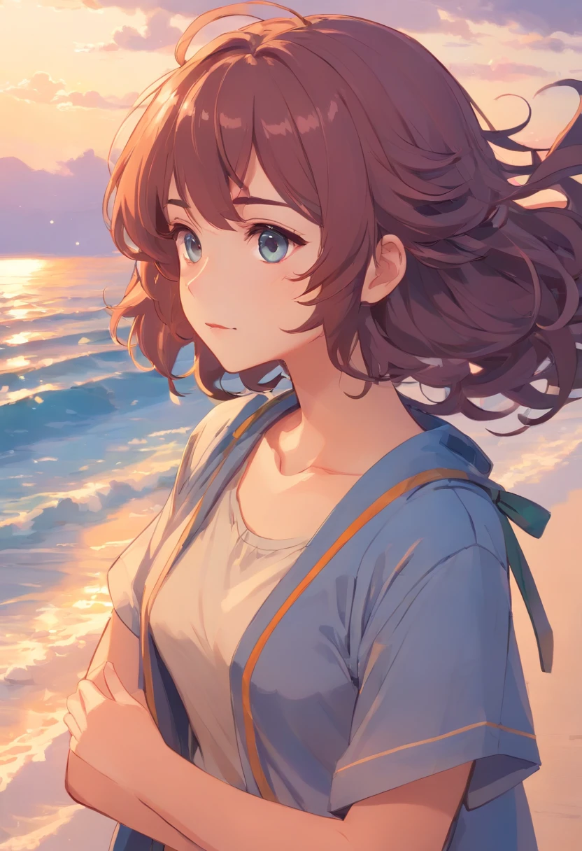 a 1girl, 独奏, Anime girl with long strands/curls on the sides, ah high, Emo Art Student, Manga illustration, artstyle, relaxed pose, A peaceful expression on his face, dnd, Flat Breast, Fantasy clothing