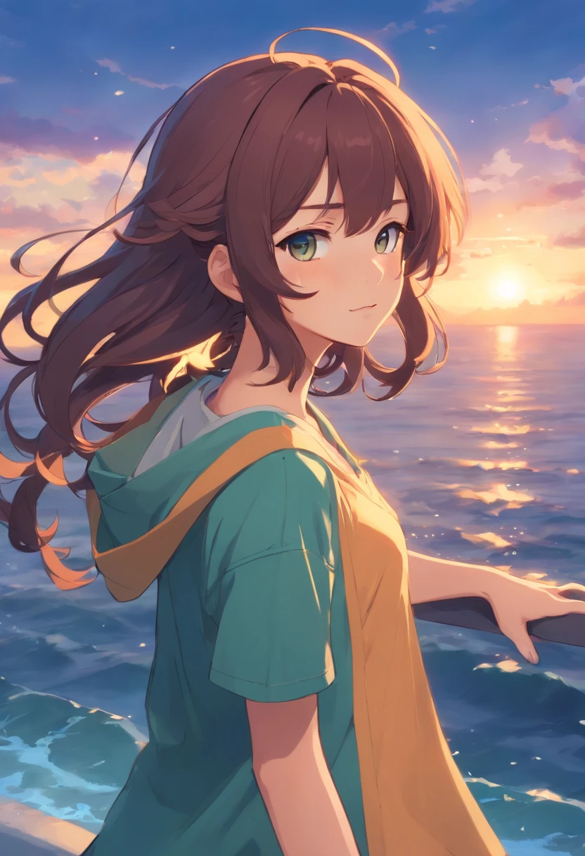 a 1girl, 独奏, Anime girl with long strands/curls on the sides, ah high, Emo Art Student, Manga illustration, artstyle, relaxed pose, A peaceful expression on his face, dnd, Flat Breast, Fantasy clothing