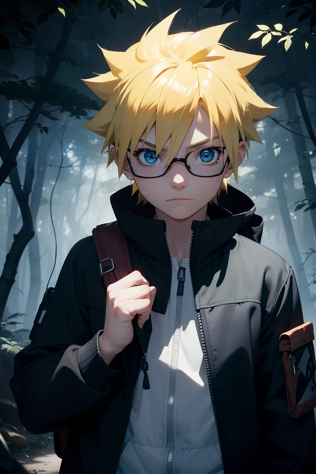 Create for me an art of a boy in a dark forest, with a backpack on his back and a treasure map in his hand, dense and dark forest emanating fear, short yellow boy, blue eyes, with a strong determination, wearing glasses, Uzumaki Naruto