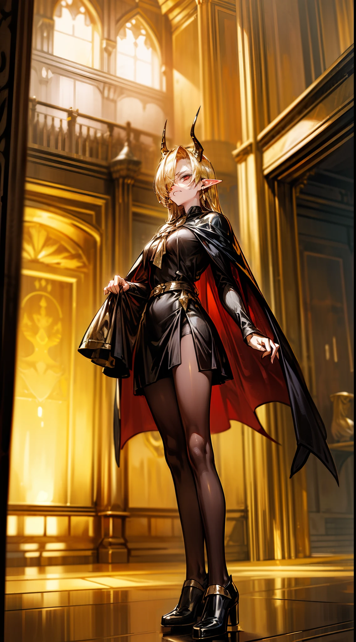 1woman,40s,solo,angry face,golden and black short dress,medium tits,golden hair,long hair,red eyes,elves ears,golden horns,pantyhose,((cape)),hair over one eye,gold high heels,(((standing in front of a room inside a castle)))