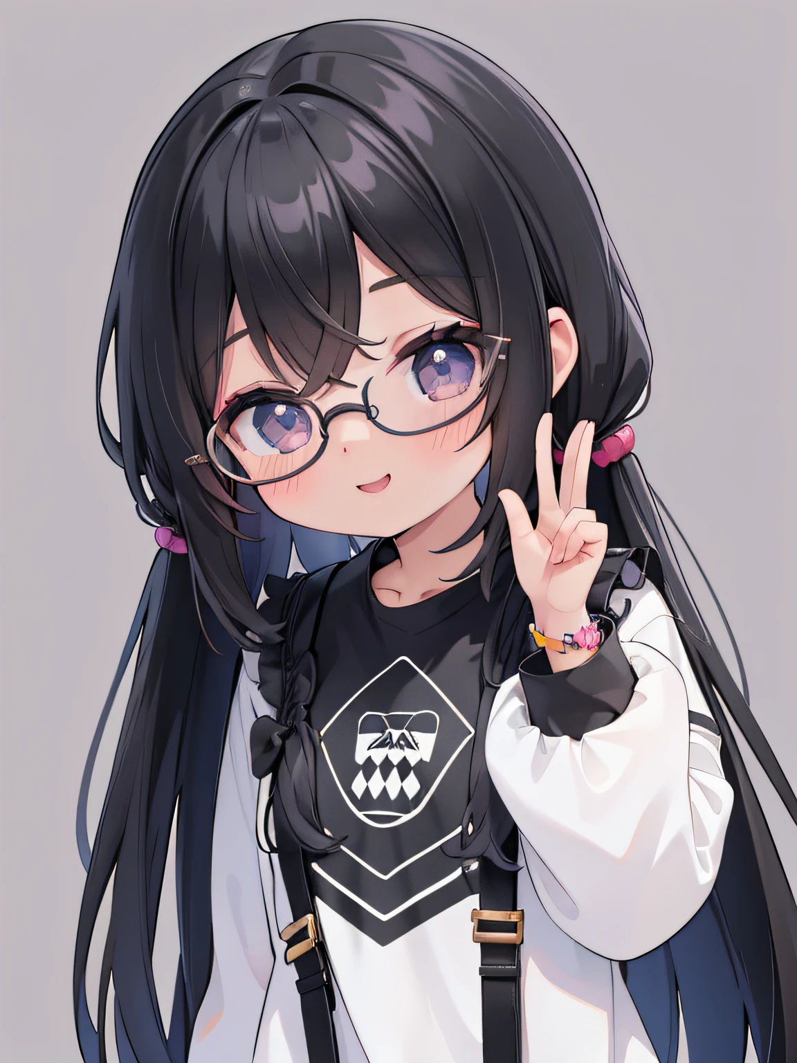 Loli cute girl negra, cabelo preso, cabelo solto, cabelo longo, modern accessories , Eyeglasses, olhos detalhados, sorriso detalhados, detalhes detalhados, Holographic, fundo claro e simples