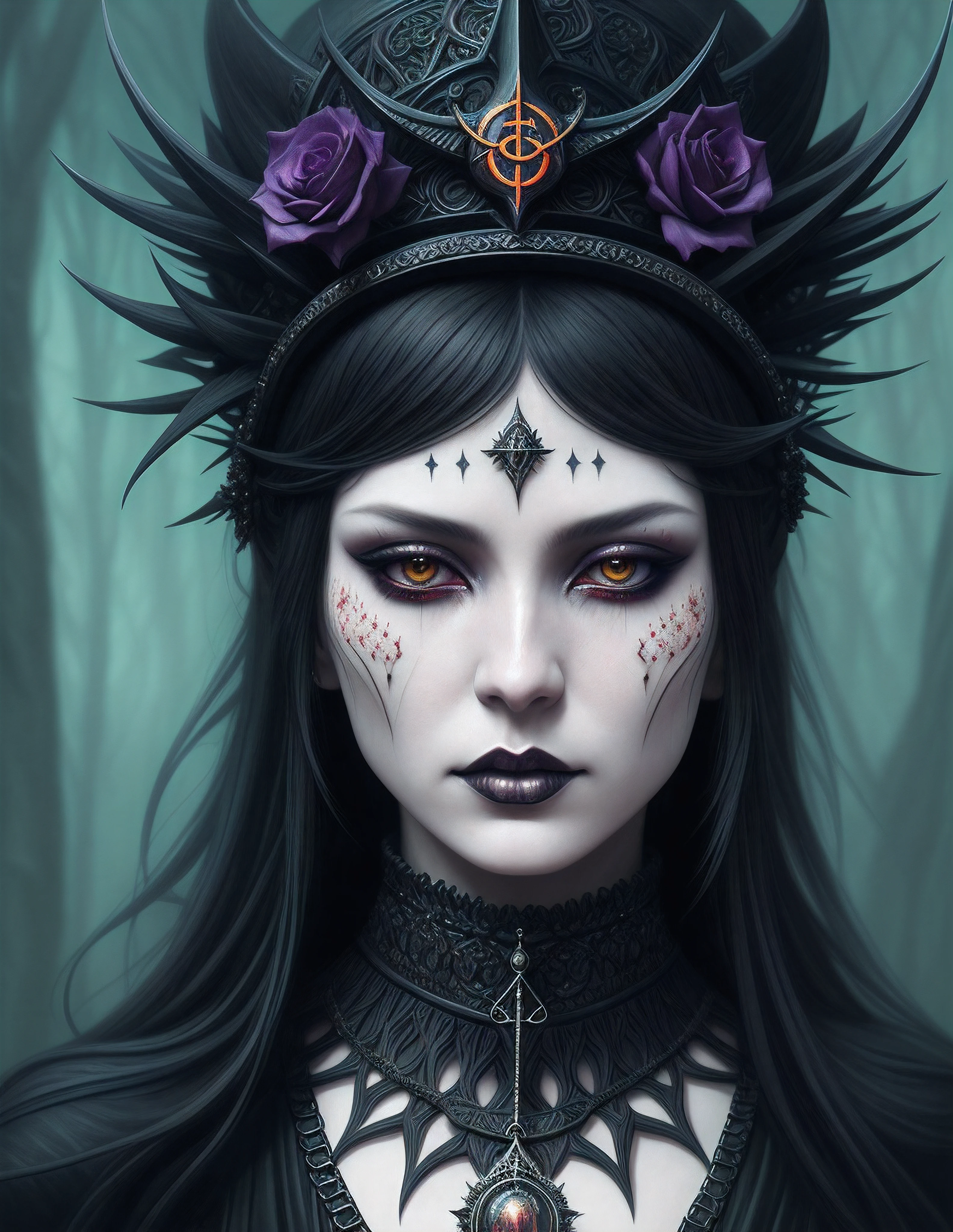 in the style of Santiago Caruso, gothic woman, the orchid blooms in a tiara