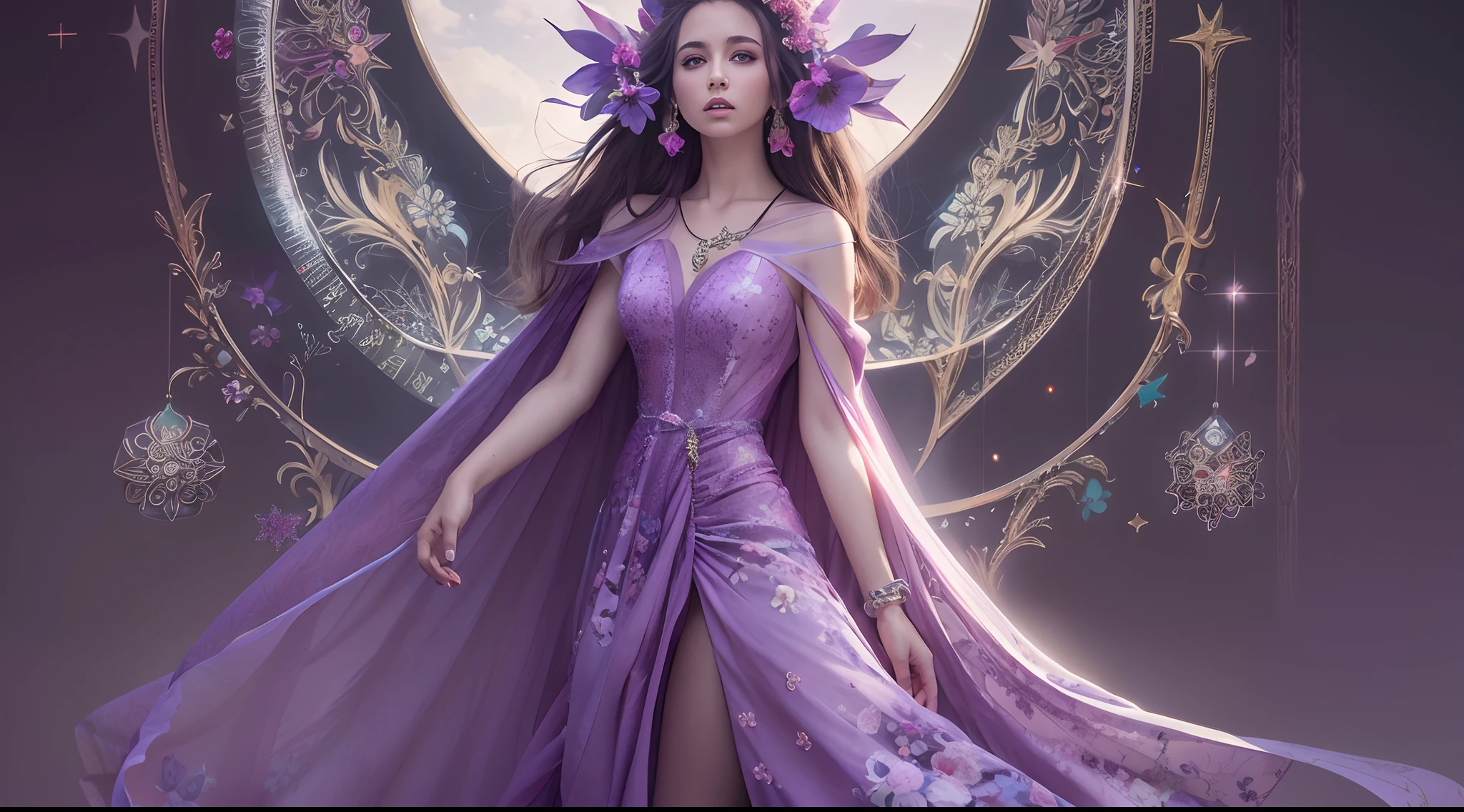 Transparent purple floral pattern long dress,Soft natural light,cinematric light,Sideslit,Neon lighting details,Realistic shadows,elvish ears,light wind,Hats,ribbons,The temptation is moving,Star pupil crystal pendant detail depicted