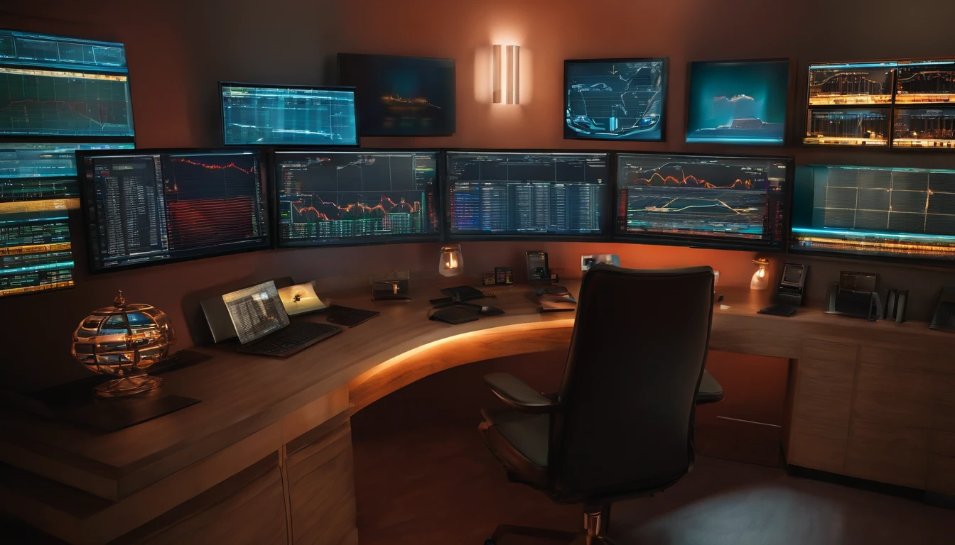 Variable income trading desk with computer, luz de dia,