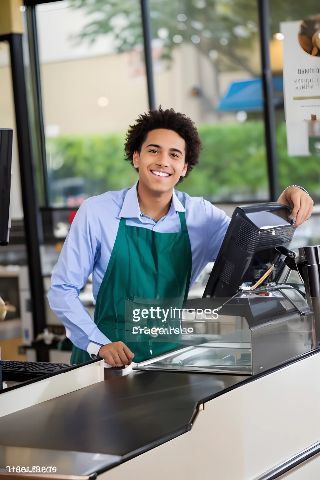 a young man standing at the cash register in a restaurant, at the counter, taking control while smiling, smiling for the camera, with a happy expression, welcoming grin, in a butcher shop, at checkout, cash register, an artistic pose, working hard, professional comercial vibe, young man with short, commercially ready, smiling with confidence, looking confident