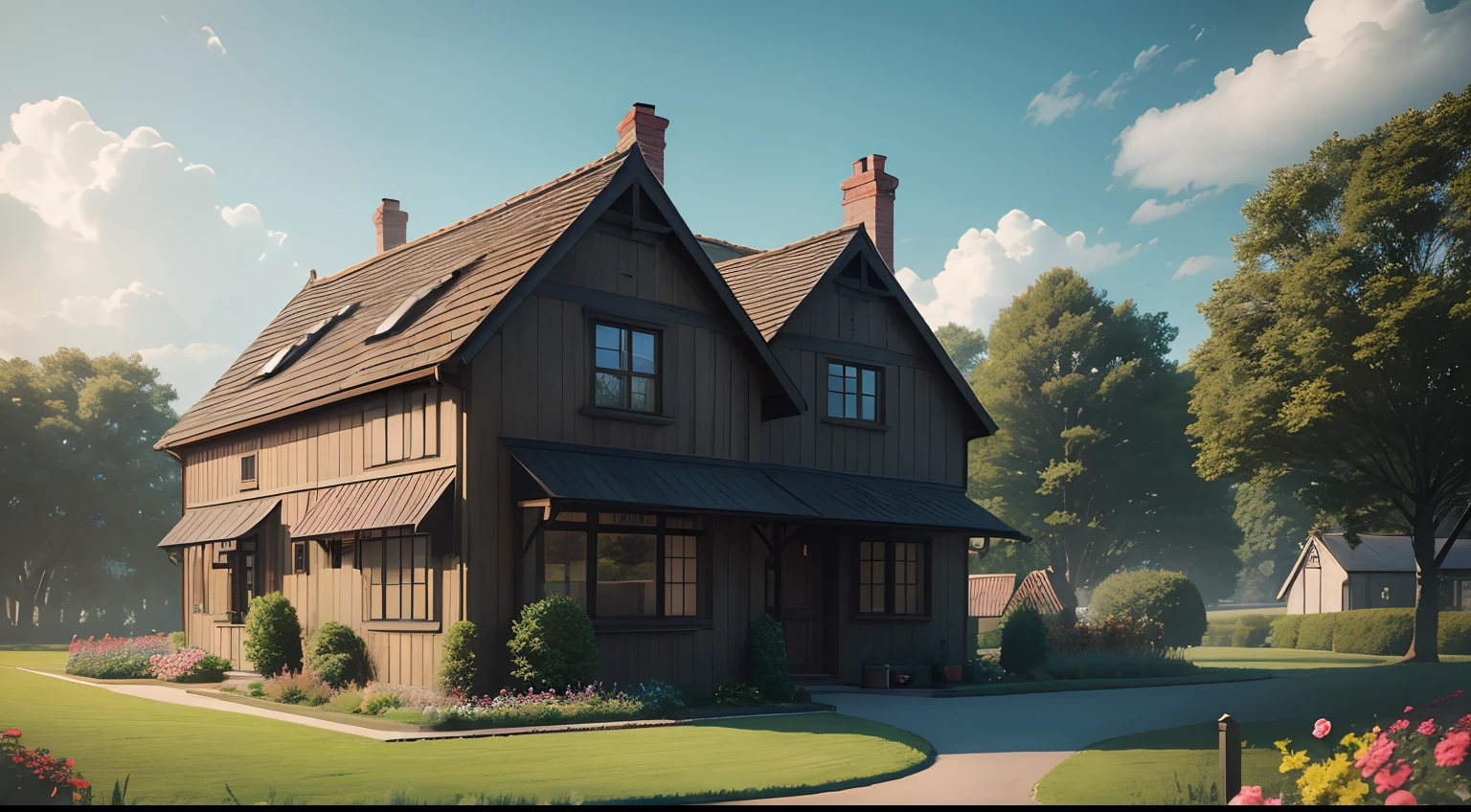 a house with a lit chimney on a flowery plot of land on a sunny day, the house seen in the distance, cinematic, 16k, hiperrealistic