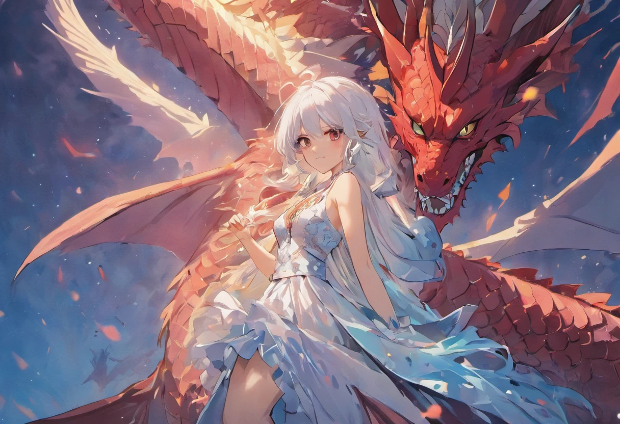 anthro, duo, male/female, white body, ((male red dragon)), on back, female penetrated, female on top, hi res, detailed background, black sclera, deep penetration, cum inside, big red penis in pussy, ((photorealism)), by pino daeni, by hioshiru, masterpiece, digital painting, vibrant, gloomy, dynamic light, blue sky,
