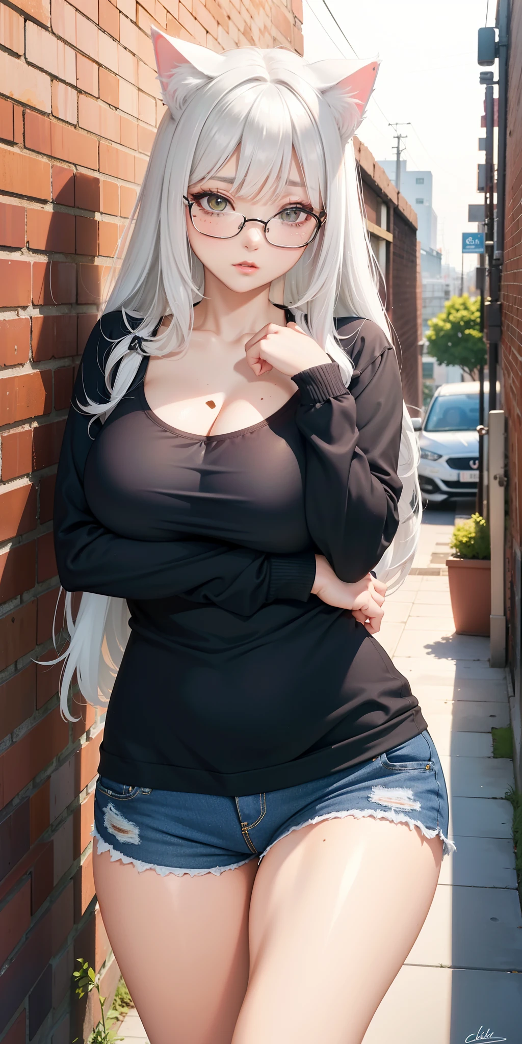 Big breasts ((1cute cat girl)), ((cute cat girl)), ((white hair streaks of color)) extremely sexy body, strong and defined body, glasses, freckles, baggy clothes, short shorts, (((she is shy and at the same time showing sensuality))), red lips (solo), ((masterpiece, realistic)), (best quality), (detailed), ((Best quality)), ((masterpiece)) , (detailed: 1.3), sexy, thick, brick wall, dark alley, alone