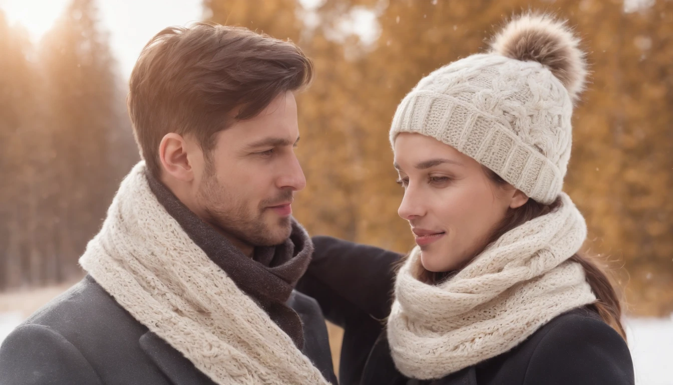 woman with scarf and hat in winter and her husband fixing the ultra-realistic scarf 8k