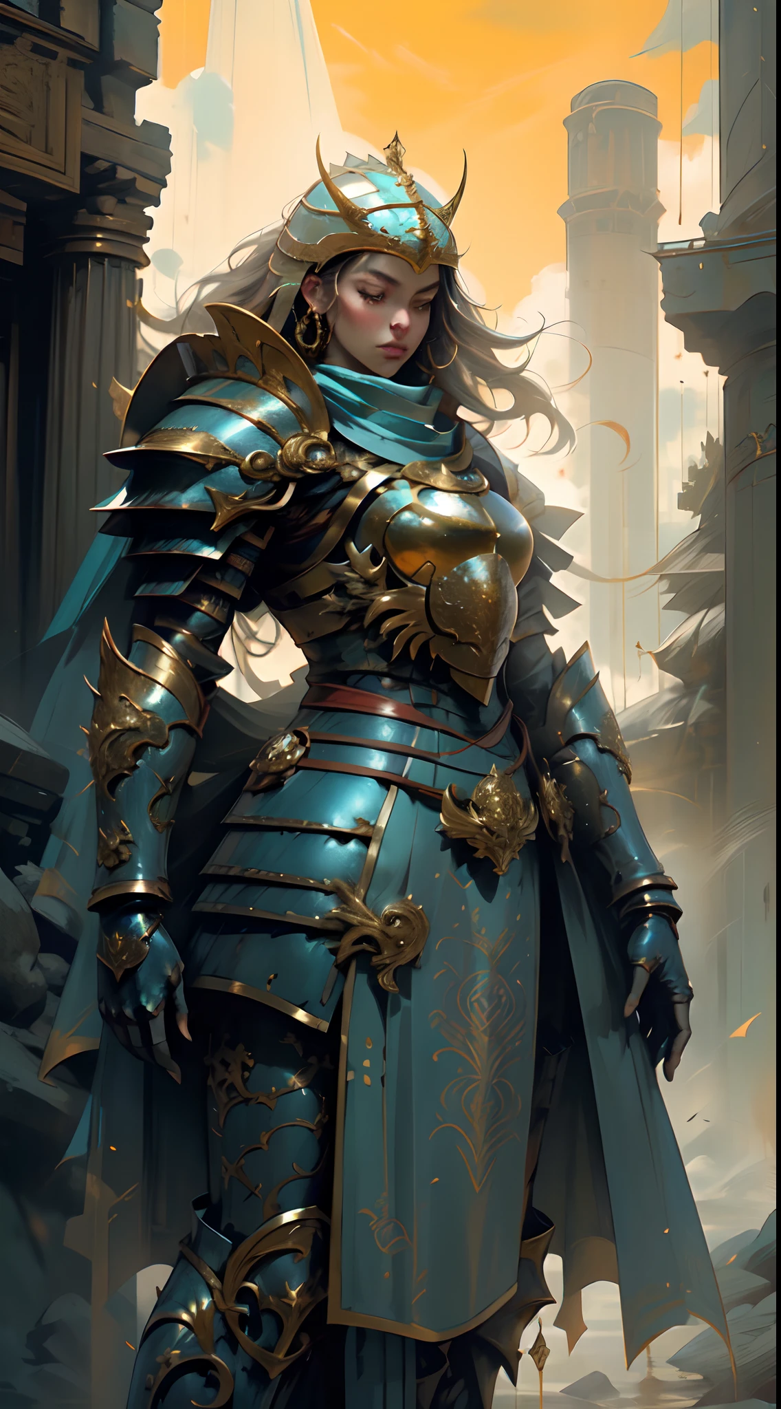 a female warrior, fantasy, ornate chainmail armor, lots of protective colorful clothing, wielding a Warhammer Bolter, detailed facial features, expressive eyes, dramatic lighting, cinematic perspective, intricate armor details, vibrant colors, epic fantasy scene, muscular female figure, heroic pose, scifi elements, detailed textures, photorealistic, 8k, best quality, masterpiece