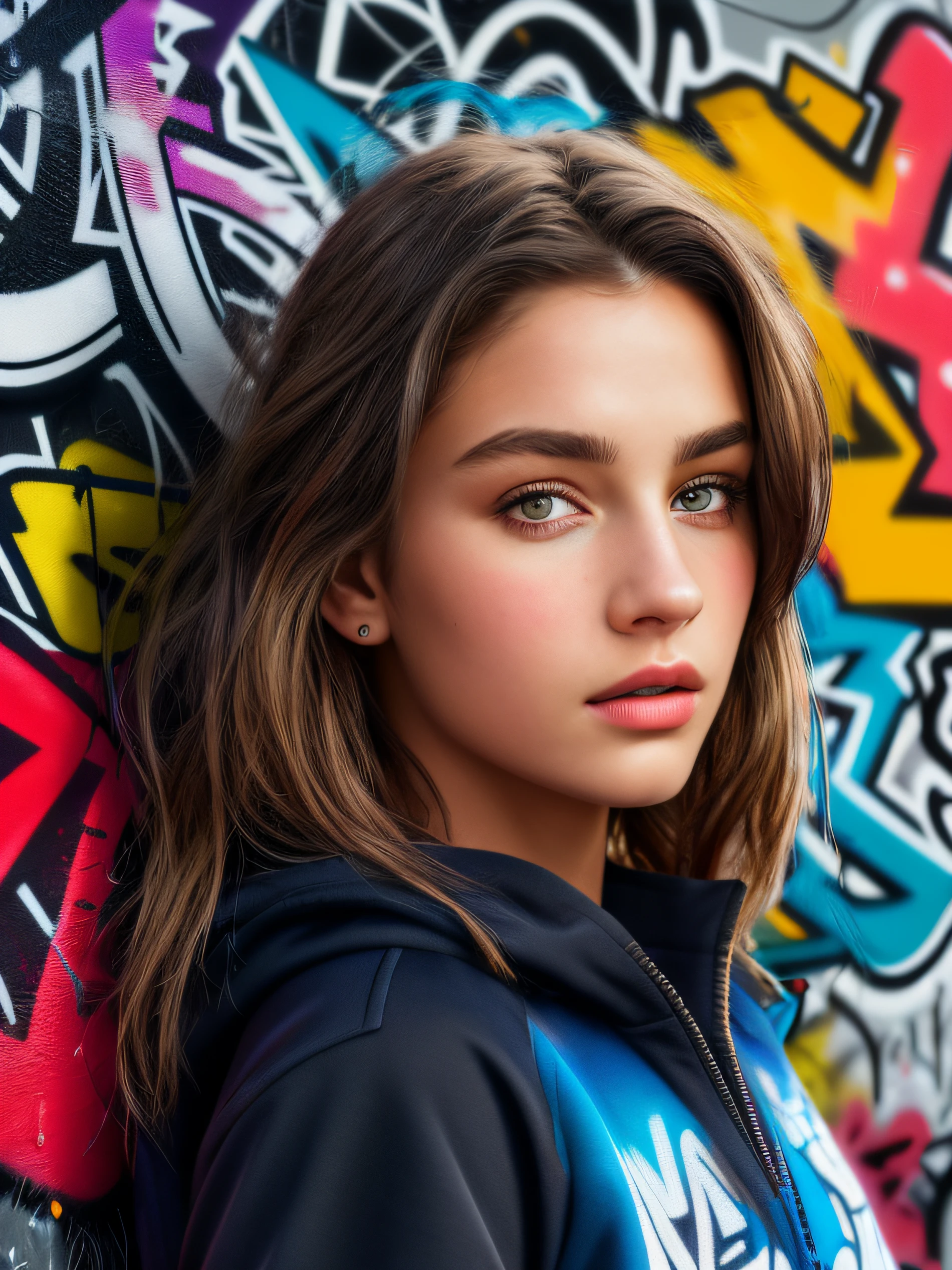 (best quality), masterpiece, extremely detailed CG uniform 8K illustration, high color, extremely high color saturation, all colors deepened, paint, graffiti art, center composition, extremely detailed light and shadow, graffiti wall, wall painted bright, 1 girl graffiti 1 girl looking at the wall, extremely detailed face and eyes, medium length hair, sportswear, colored clouds