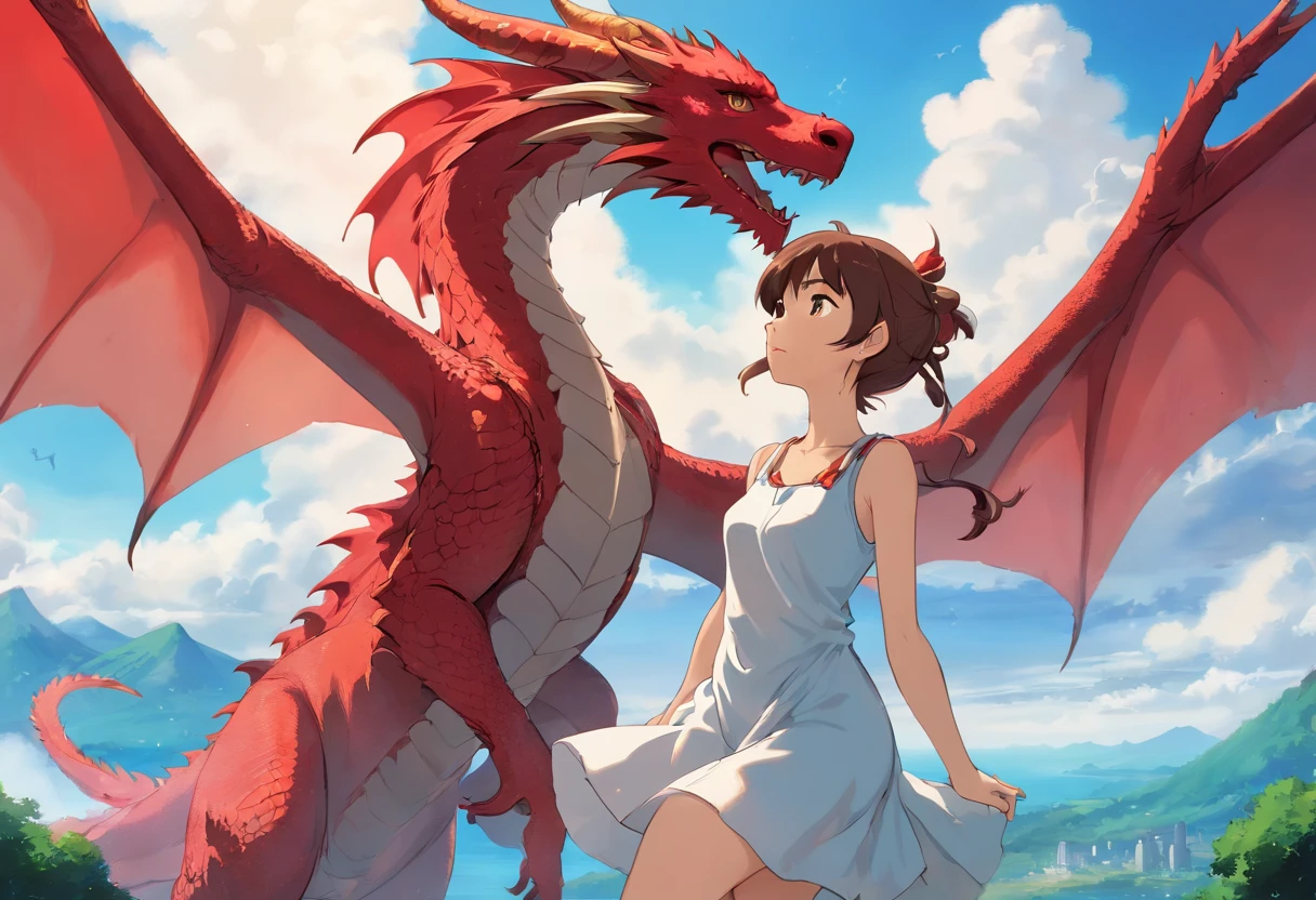 anthro, duo, male/female, white body, ((male red dragon)), on back, female penetrated, female on top, hi res, detailed background, black sclera, deep penetration, cum inside, big red penis in pussy, ((photorealism)), by pino daeni, by hioshiru, masterpiece, digital painting, vibrant, gloomy, dynamic light, blue sky,